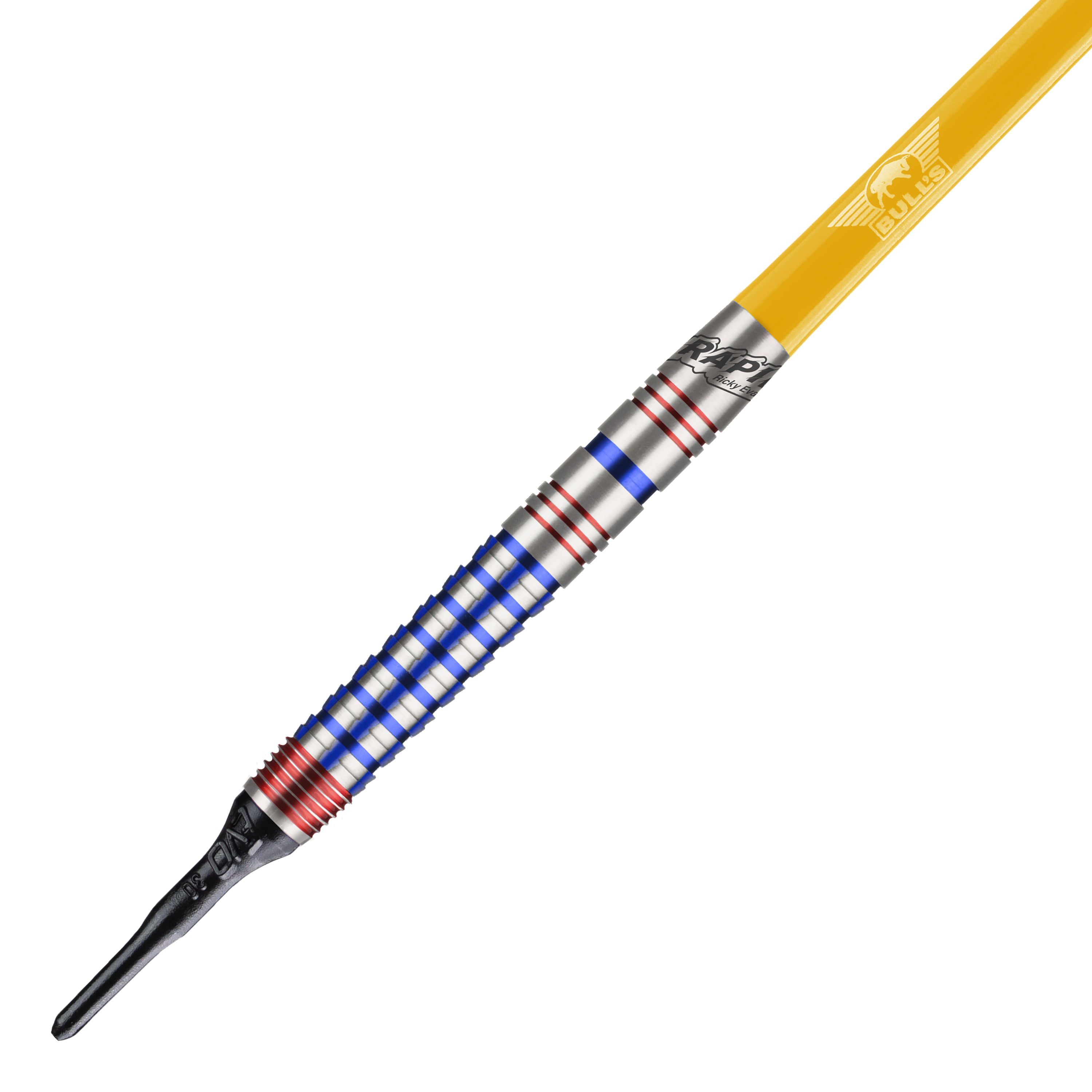 Bulls NL Ricky Evans Rapid Edition One Soft Darts - 20g Dies ist ein Softdart aus der Serie "Bulls NL Ricky Evans Rapid Edition One" mit einem Gewicht von 20g. Der Dart hat einen silbernen Schaft mit blauen und roten Ringen sowie einen gelben Flight.