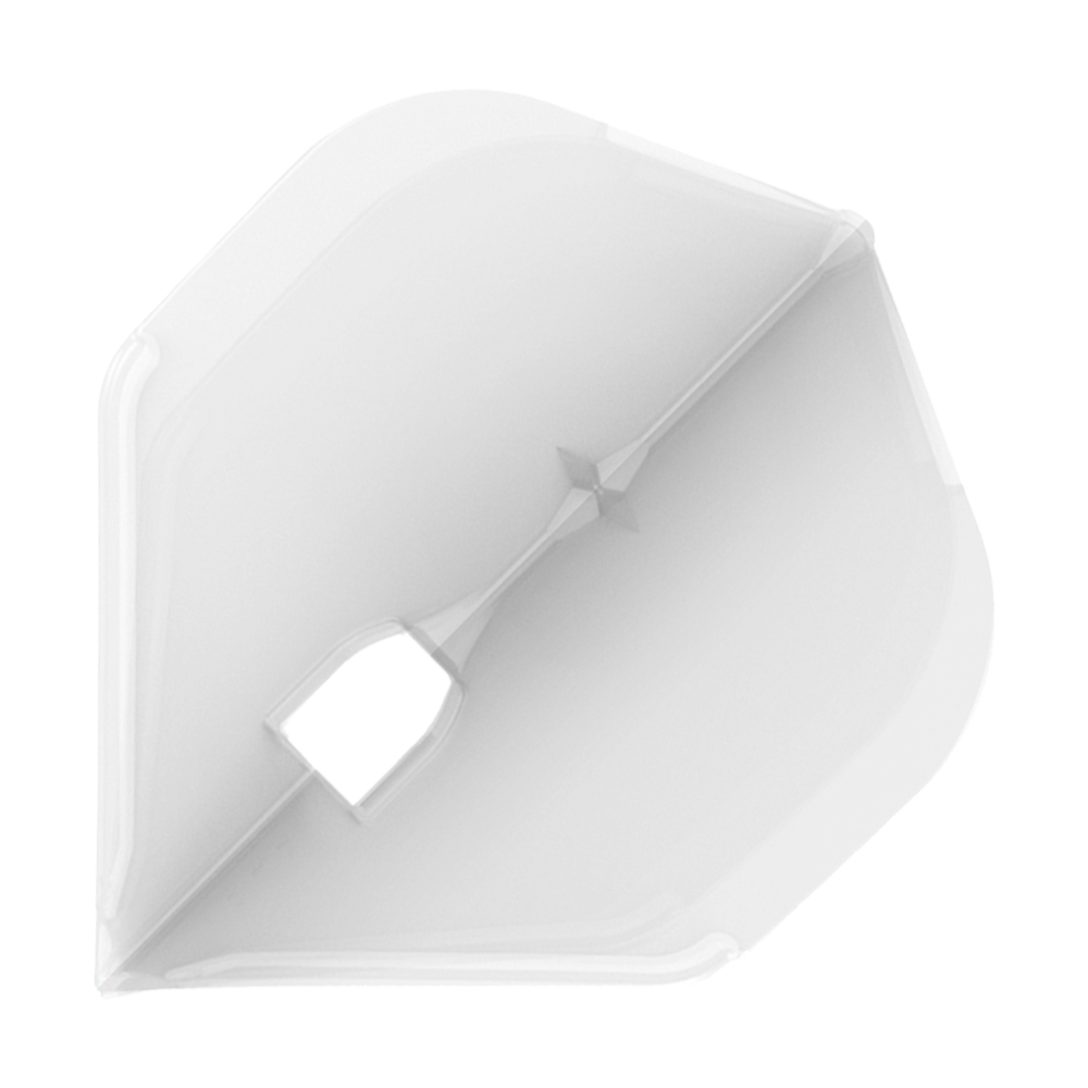 Das Bild zeigt ein transparentes Dartflight in L-Form. Es hat eine strukturierte Oberfläche mit einem Loch in der Mitte.