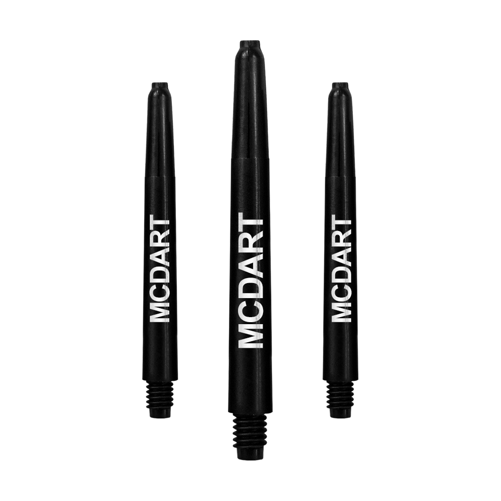 Auf dem Bild sind drei schwarze Nylon-Dartschäfte zu sehen. Auf jedem Schaft steht das Wort "MCDART" in weißer Schrift.