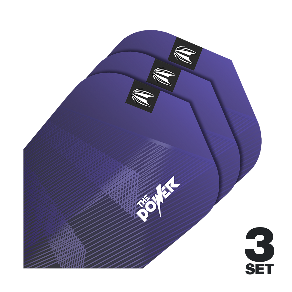 Das Bild zeigt drei Sätze lila Dart-Flights mit der Aufschrift "The Power". In der unteren rechten Ecke steht "3 Set".