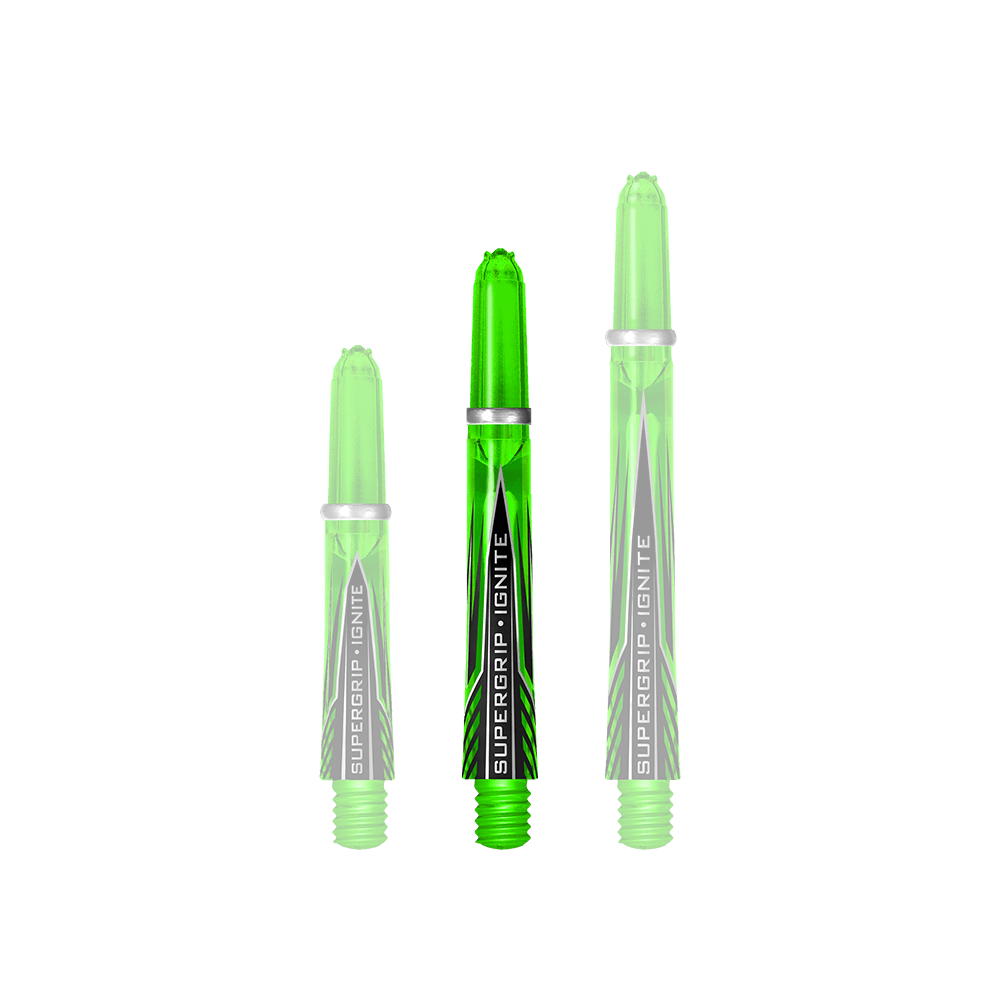 Das Bild zeigt drei grüne Harrows Supergrip Ignite Shafts in unterschiedlichen Längen. Die Shafts sind glänzend und haben ein modernes Design mit schwarzem Schriftzug.