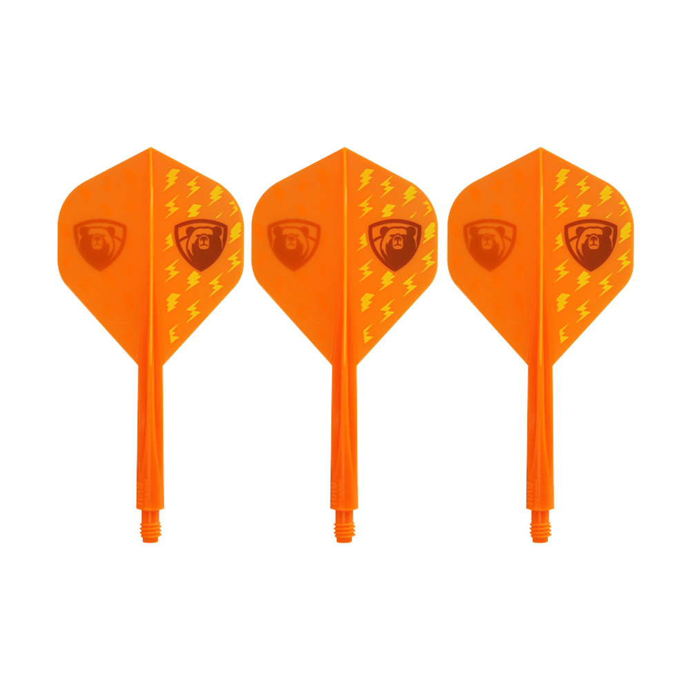 Condor AXE Thunderbolt Orange Flight-System - Standard Das Bild zeigt drei orangefarbene Dart-Flights mit integriertem Schaft. Sie haben ein Blitzmuster und ein Logo auf jeder Flight-Seite.