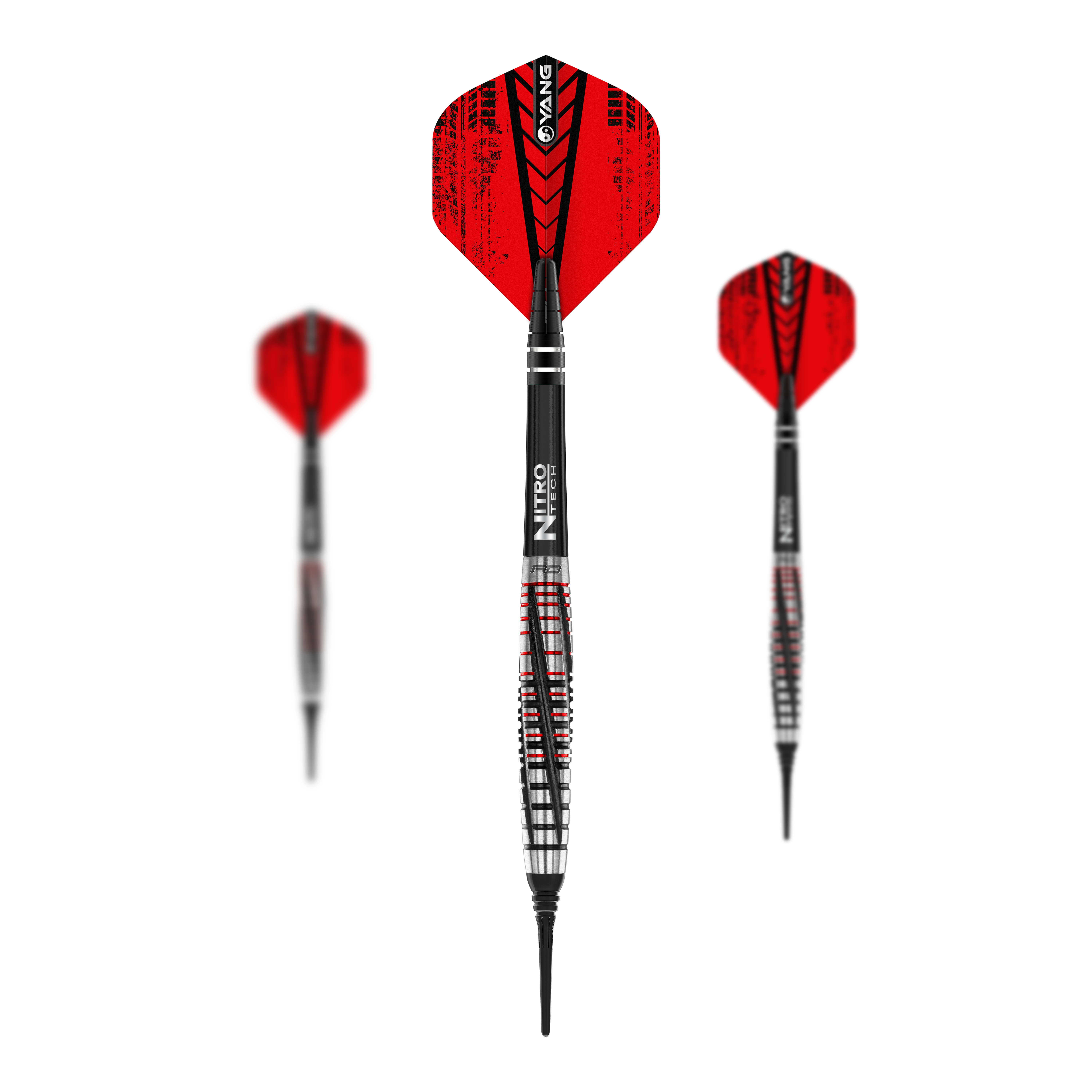 Red Dragon Rifle Soft Darts - 20g Das Bild zeigt drei Softdarts des Modells „Red Dragon Rifle Softdarts - 20g“. Die Darts haben schwarze und rote Flights mit silber-schwarzem Schaft und Spitze.