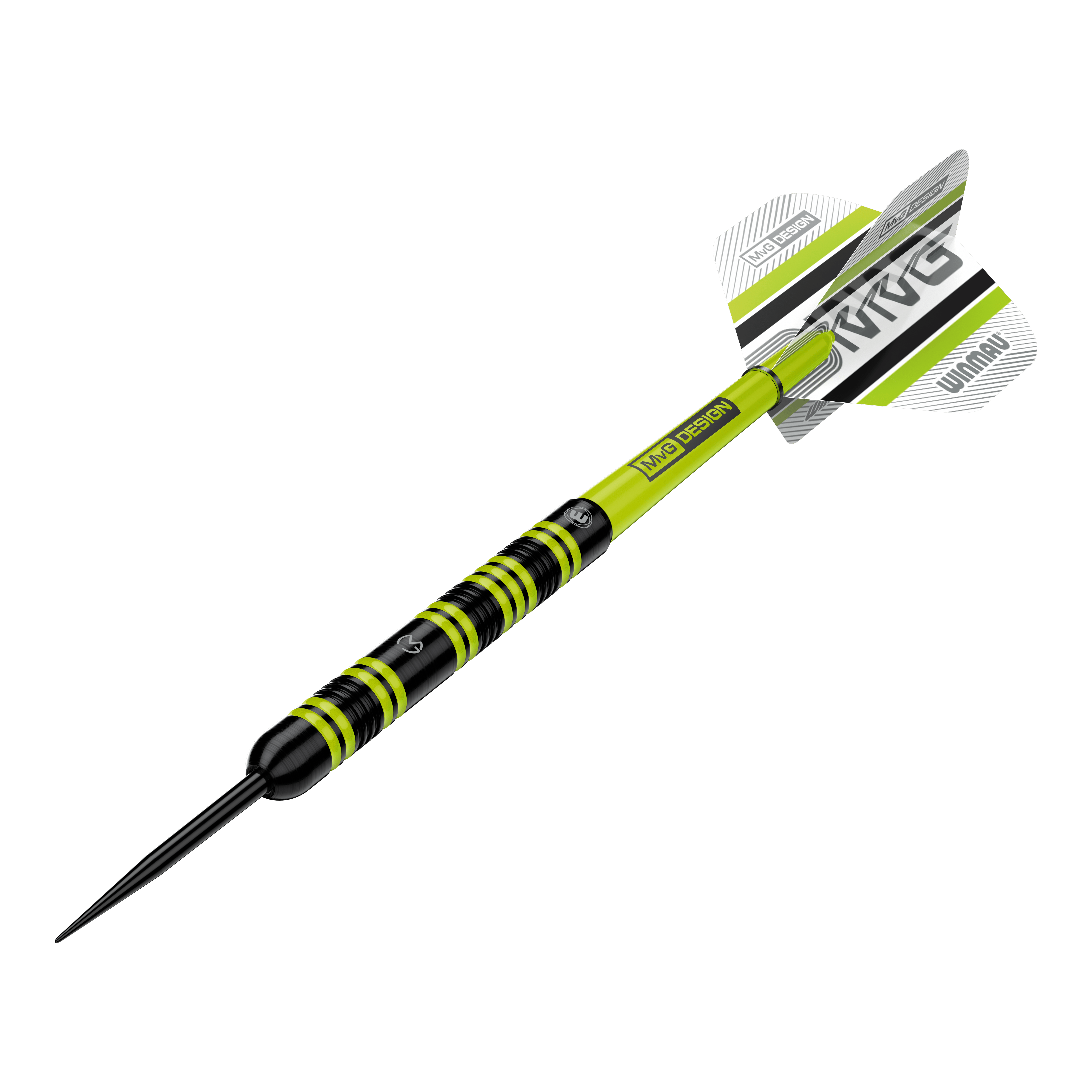 Winmau Michael Van Gerwen 85 Pro-Series steel darts Das Bild zeigt einen Winmau Michael Van Gerwen 85 Pro-Series Steeldart. Der Dart hat ein auffälliges Design mit schwarzen und leuchtend grünen Akzenten sowie einem MVG-Logo auf den Flights.