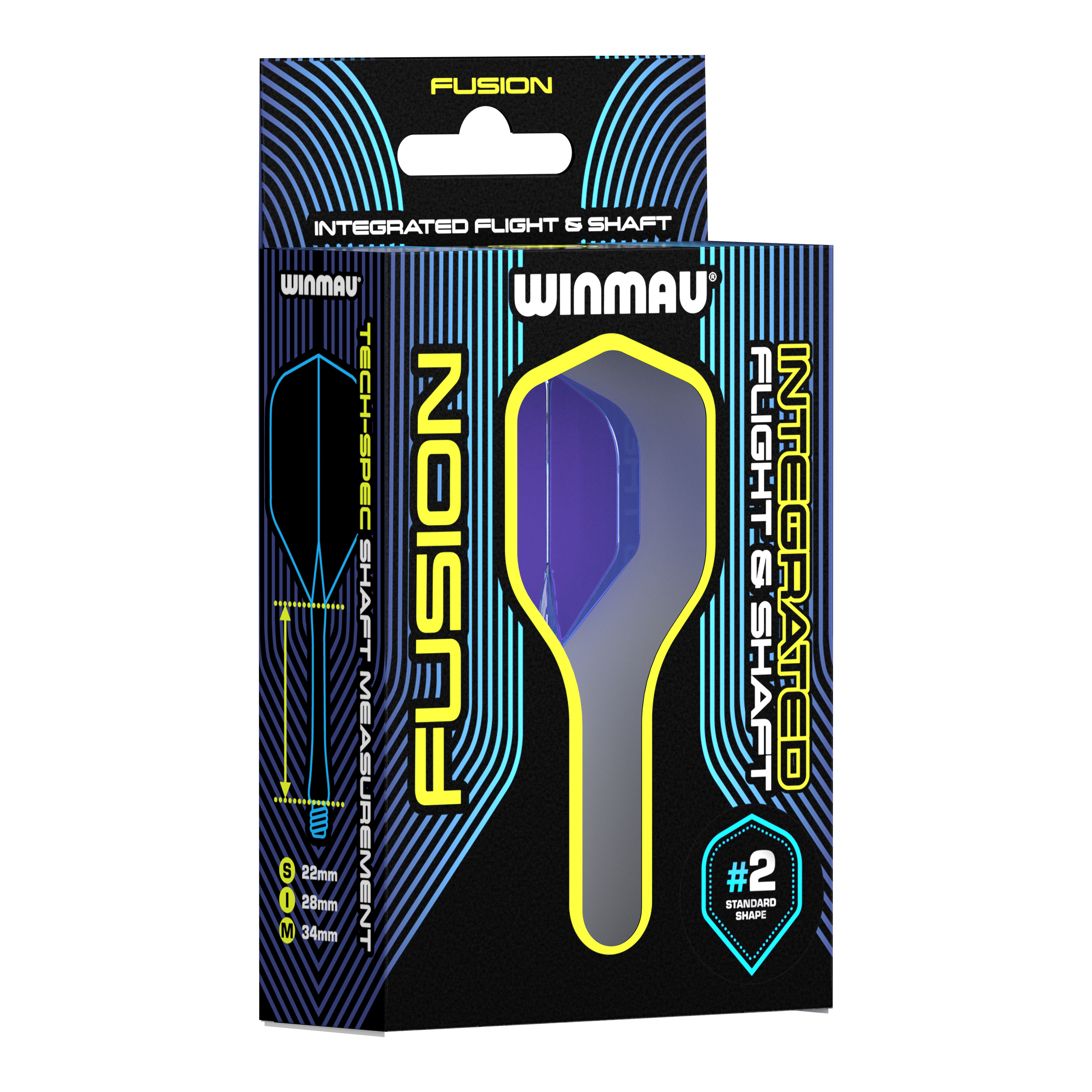 Winmau Fusion Flight Shaft System Standard Blue Auf dem Bild ist eine Verpackung des Winmau Fusion Integrated Flight & Shaft Systems zu sehen. Die abgebildete Variante ist blau und hat eine Länge von 22 mm (#2 Standardform).