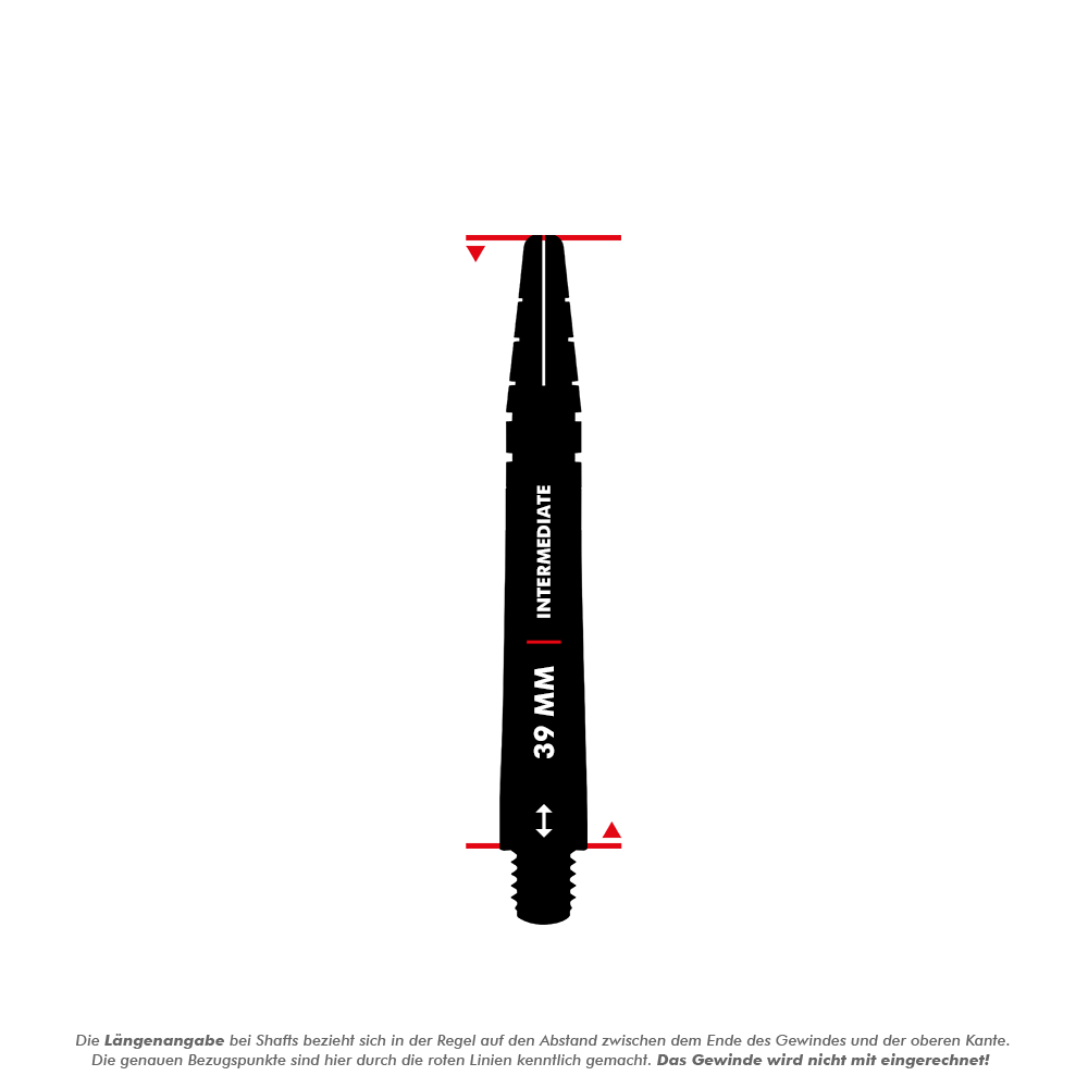 C802_Red_Dragon_Nitrotech_Peter_Wright_White_Blue_Shafts_5_39mm Das Bild zeigt einen roten Dart-Schaft der Marke Red Dragon Nitrotech Peter Wright in der Länge von 39 mm. Auf dem Schaft steht "INTERMEDIATE" und "39 MM" geschrieben.