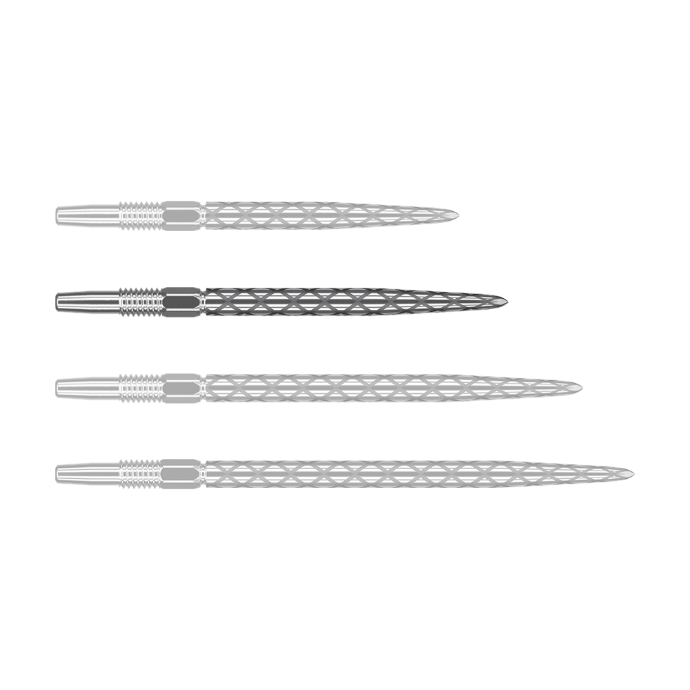 Target Swiss Diamond Pro Silver Points dart tips Auf dem Bild sind vier silberne Dartspitzen in einer Reihe zu sehen. Sie haben ein markantes Rautenmuster auf der Oberfläche.