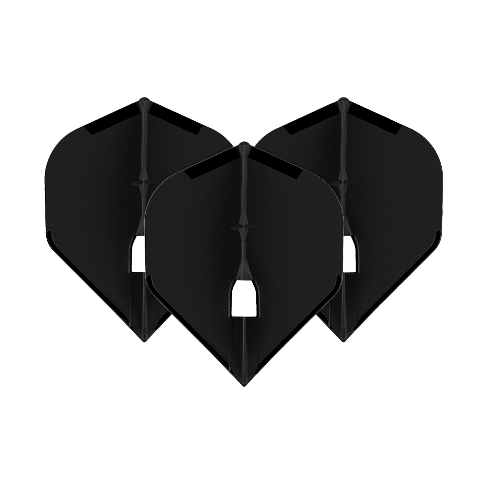 L-Style Champagne L1PRO Flights Auf dem Bild sind drei schwarze Dartflights zu sehen, die nebeneinander stehen. Sie haben eine klassische, breite Form und sind einheitlich gestaltet.