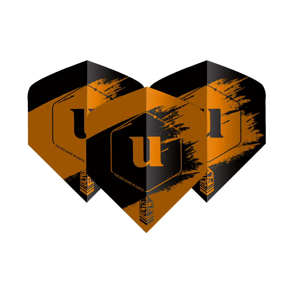 Unicorn Ultrafly 100 Team Unicorn Big Wing Flights - Orange Auf dem Bild sind drei Dartflights der Marke "Unicorn Ultrafly 100 Team Unicorn Big Wing" in Orange und Schwarz zu sehen. Die Flights haben ein auffälliges Design mit einem großen "u" in der Mitte.