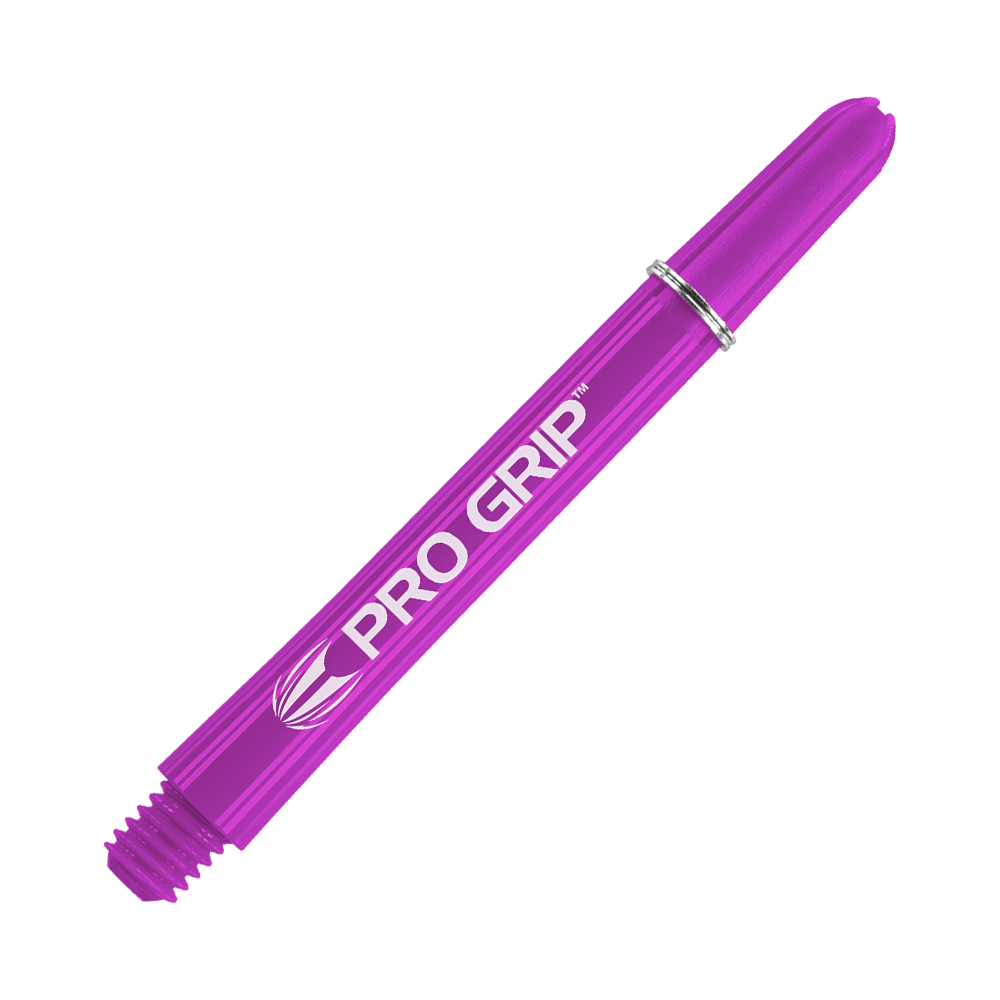 Target Pro Grip Shafts - 3 Sets - Purple Das Bild zeigt einen lilafarbenen Dart-Schaft mit der Aufschrift "Pro Grip". Der Schaft ist 48 mm lang und hat ein glänzendes, glattes Design.