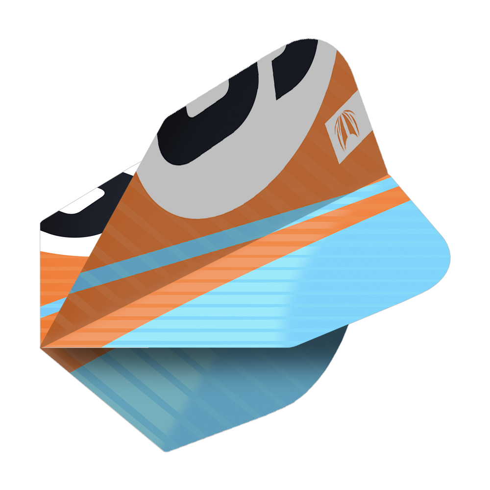 337214_Target_ProUltra_3Sets_Chicane_Orange_No6_Flights_2E4vcafhCWuJVw Das Bild zeigt ein Dart-Flight in Orange, Blau und Schwarz mit dem Produktnamen "Target Pro Ultra Chicane Orange No6". Das Flight hat ein modernes, grafisches Design und ist für präzises Dartspielen geeignet.