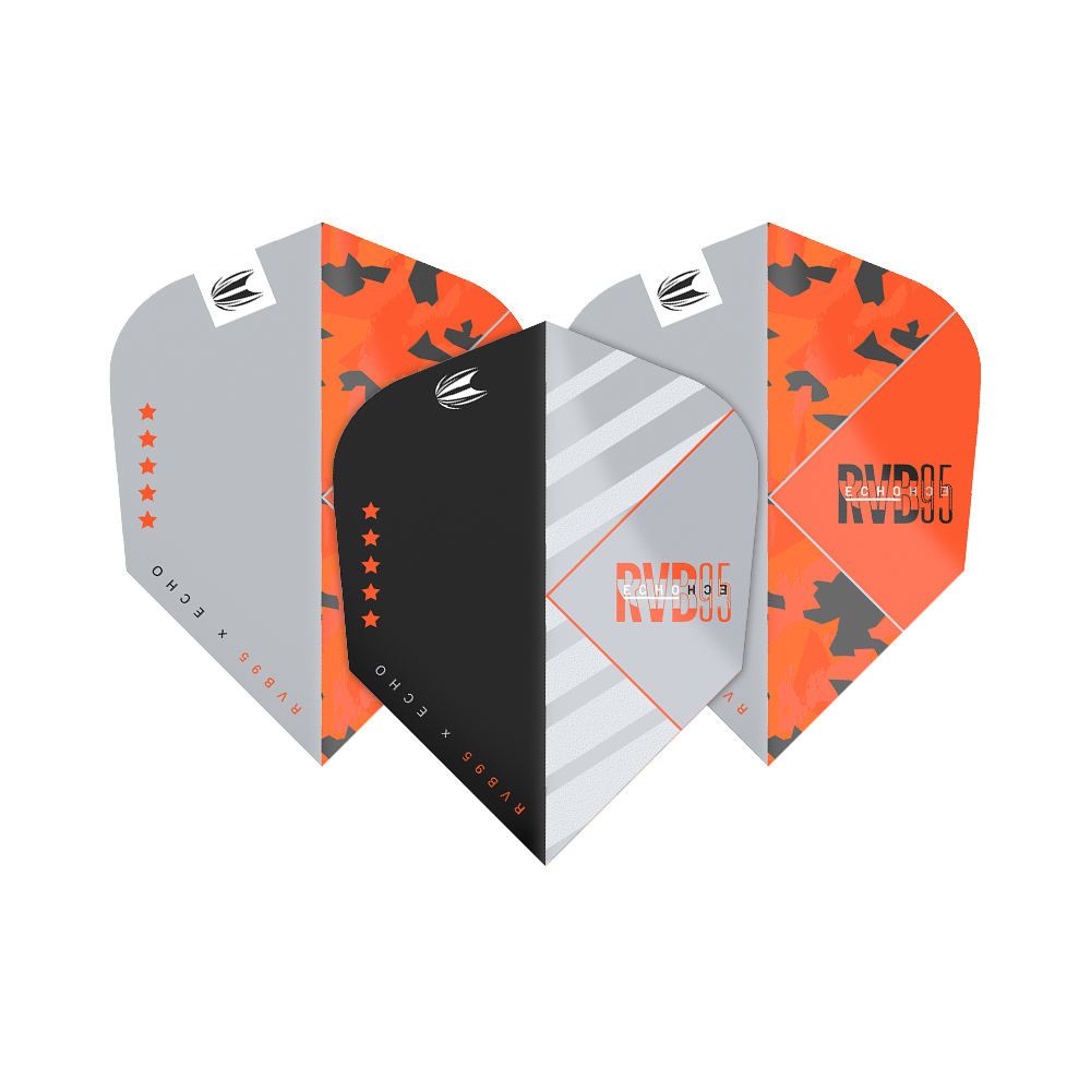 Das Bild zeigt drei Dartflights des Produkts "Target Pro Ultra RvB95 X Echo Ten-X Flights" in verschiedenen Designs. Die Flights sind in den Farben Schwarz, Grau und Orange gestaltet und tragen jeweils das RvB95-Logo.