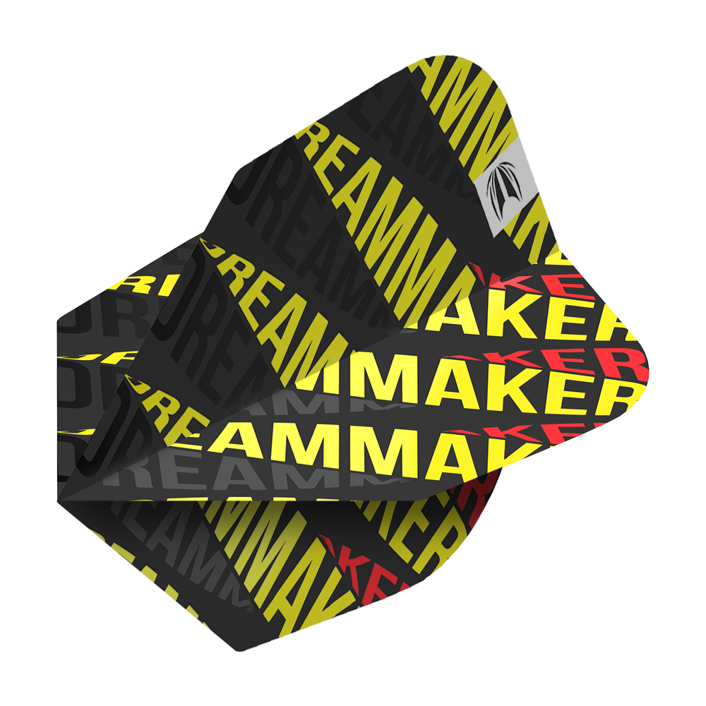Das Bild zeigt die Dart-Flights "Target Pro Ultri Dimitri Van Den Bergh 80 No6". Die Flights sind schwarz mit gelbem und rotem Schriftzug "DREAMMAKER" bedruckt.