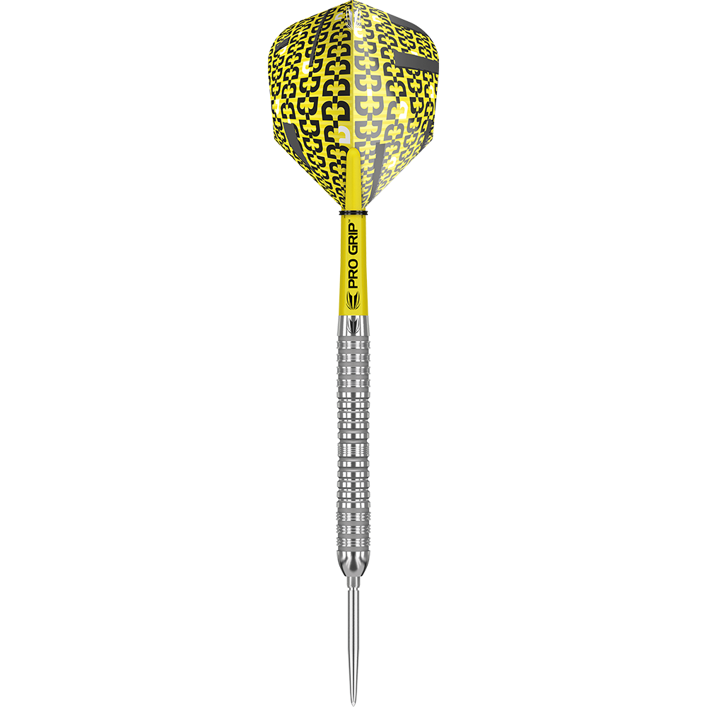 190060_Target_Bolide_04_Swiss_Point_Steeldarts_1LCLvBZnjl5NJI Das Bild zeigt einen Target Bolide 04 Swiss Point Steeldart. Der Dart hat einen gelb-schwarzen Flight und einen silbernen, geriffelten Schaft.