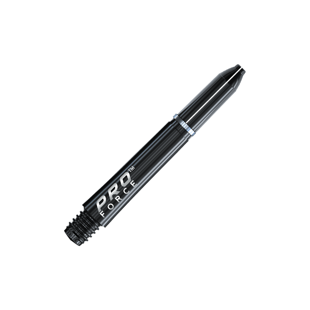 7011_101_Winmau_Pro-Force_Shafts_Schwarz_35mm_2 Das Bild zeigt einen schwarzen Winmau Pro-Force Shaft für Darts. Auf dem Produkt steht der Schriftzug "PRO FORCE" in weißen Buchstaben.