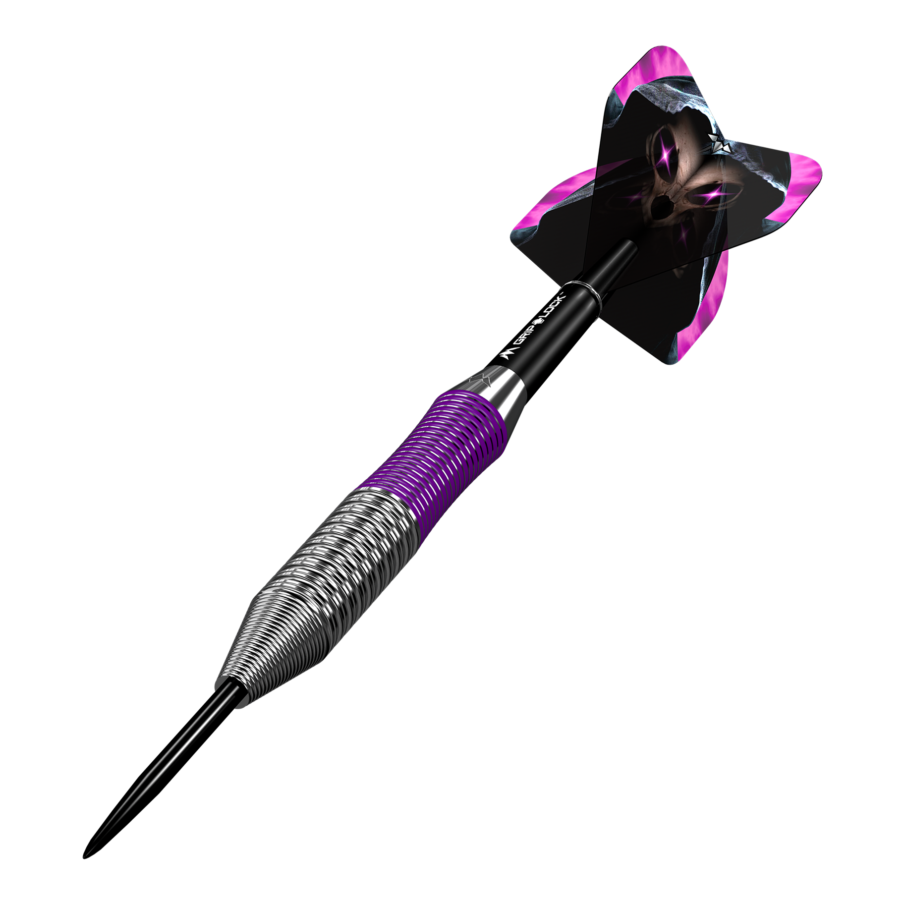 Mission Phantom Brass Steel Darts - 22g Dies ist ein Mission Phantom Brass Steeldart mit einem Gewicht von 22 Gramm. Der Dart hat ein metallisches Griffstück mit lila Akzenten und einen auffälligen Flight mit einem schwarzen und lila Design.