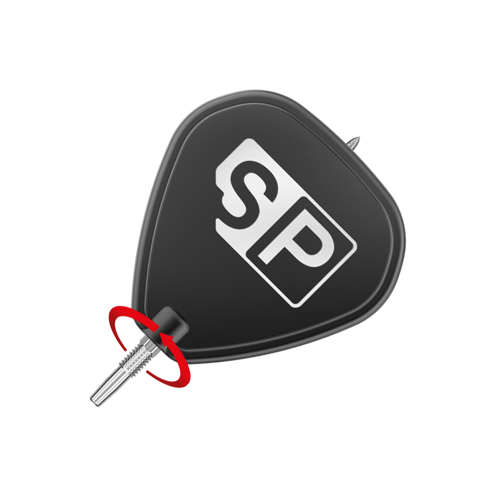 Das Bild zeigt die Target Swiss Point SLK Dartspitzen in Silber. Die Dartspitze ist mit einem schwarzen Flight und einem weißen "SP"-Logo abgebildet.