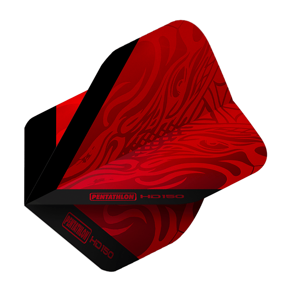 Pentathlon HD150 Metallic Red Standard Flights Das Bild zeigt einen roten Dartflight mit schwarzem Streifen und Mustern. Auf dem Flight steht "Pentathlon HD150".