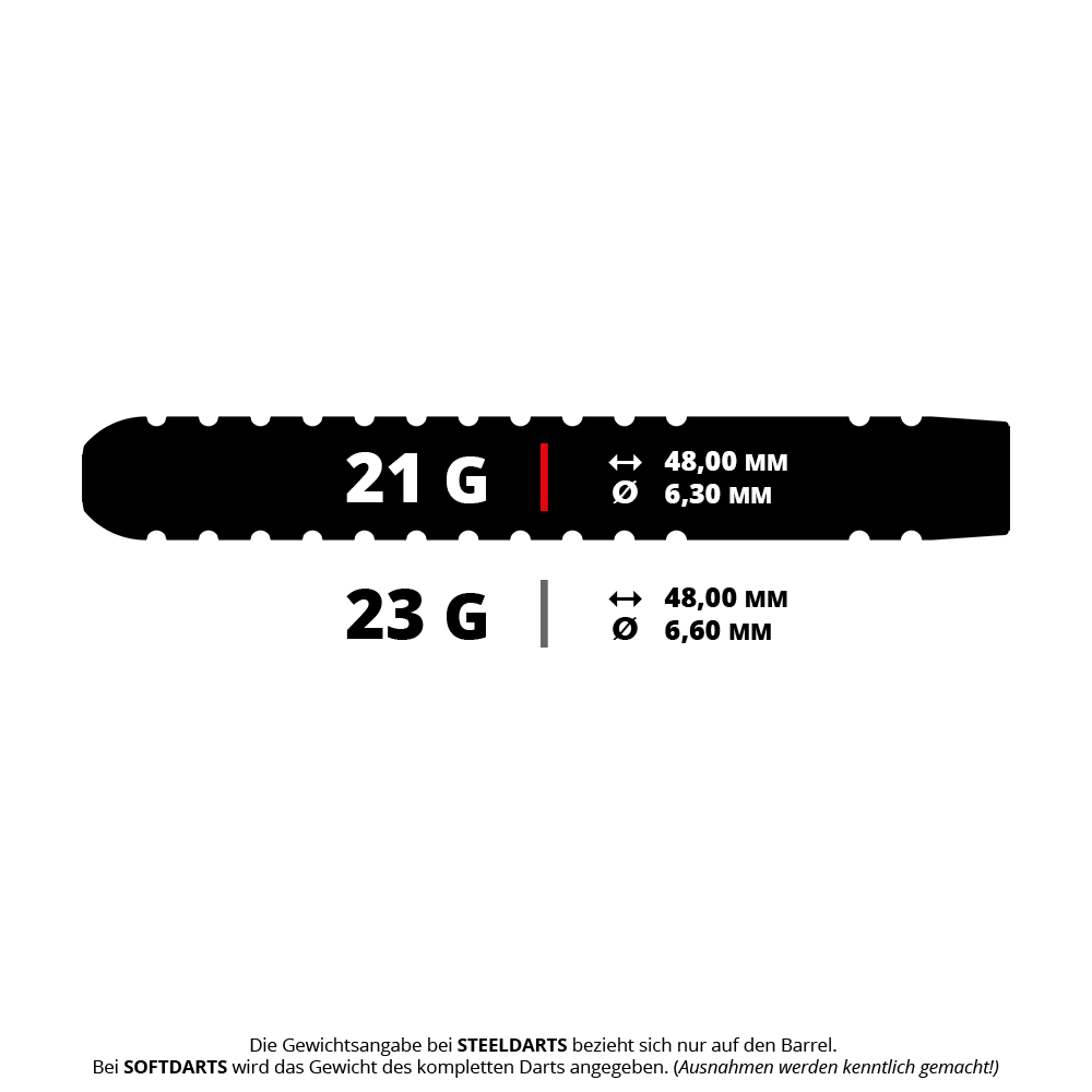 Target Rob Cross Voltage Swiss Point Steel Darts Das Bild zeigt zwei Steeldarts-Modelle mit den Gewichten 21 Gramm und 23 Gramm. Die Länge beträgt jeweils 48,00 mm, der Durchmesser liegt bei 6,30 mm (21 g) beziehungsweise 6,60 mm (23 g).