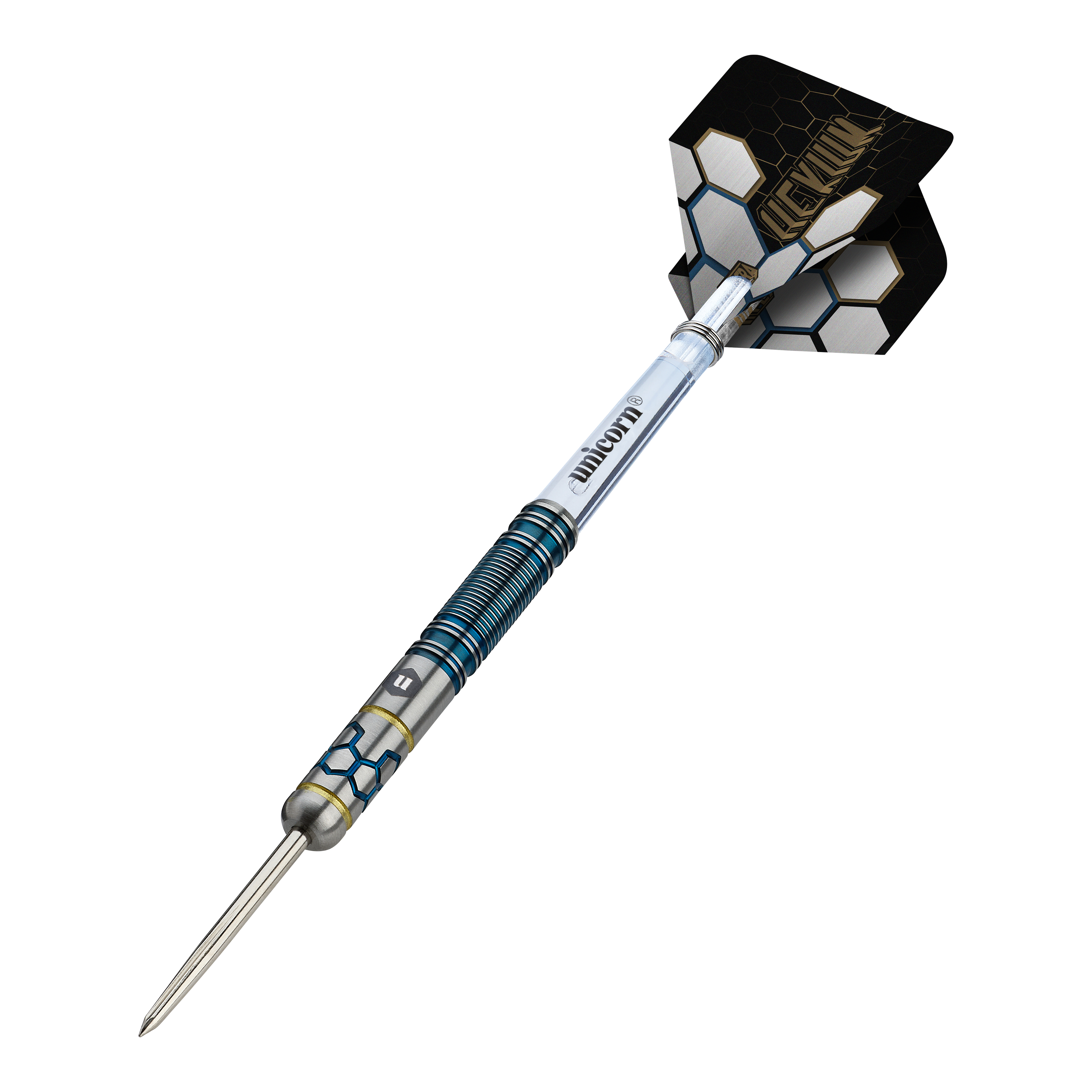 Das Foto zeigt die Unicorn Hexium Style 02 Blue & Gold Steeldarts. Es handelt sich um hochwertige Steeldarts in Blau und Gold.