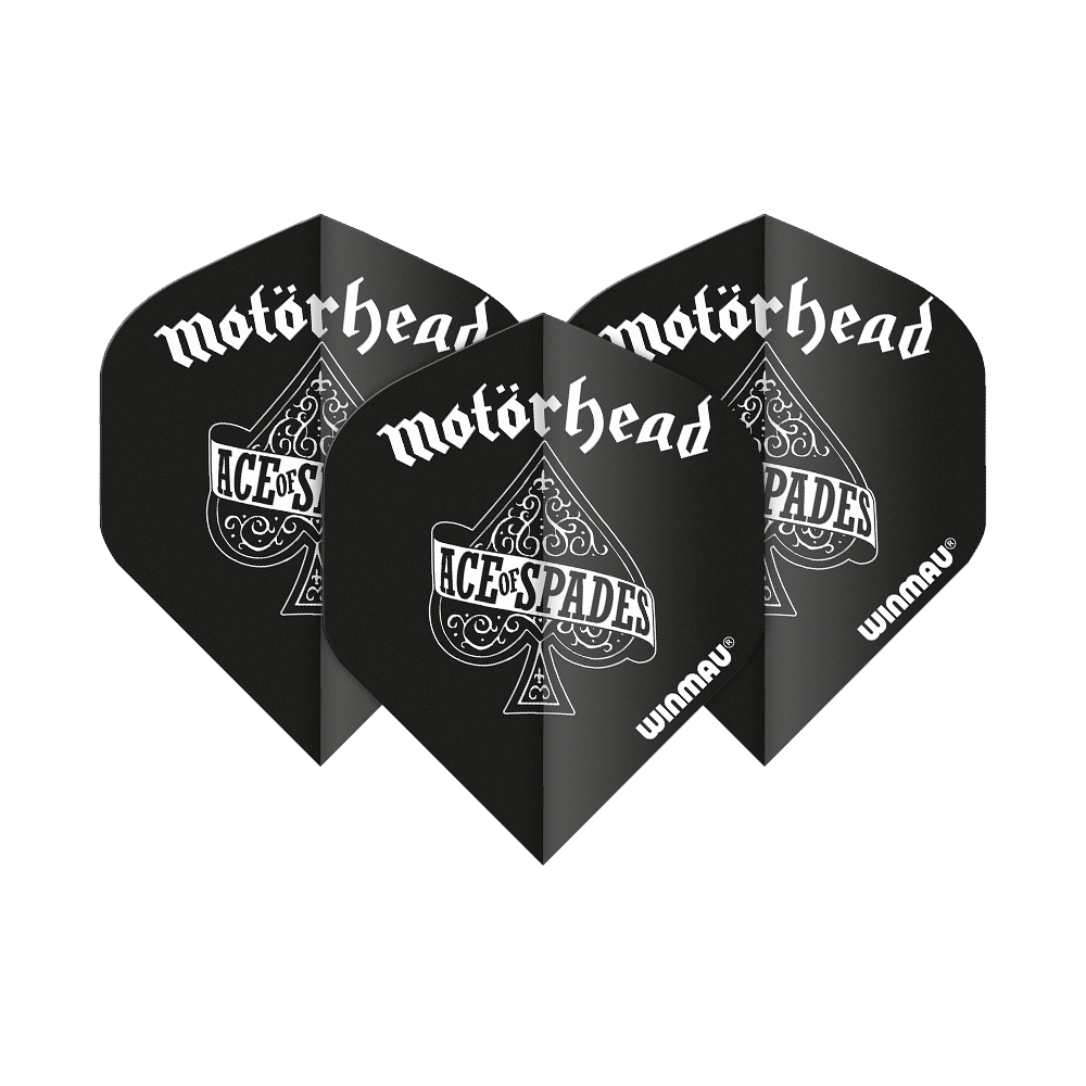 6905-210_Winmau_Rockstar_Legends_Mot-rhead_AoS_Standard_Flights_14RTqYndjcLOyb Das Bild zeigt vier schwarze Dart-Flights mit dem Schriftzug "Motörhead" und "Ace of Spades" darauf. Die Flights sind im Standard-Format und tragen das Winmau-Logo.