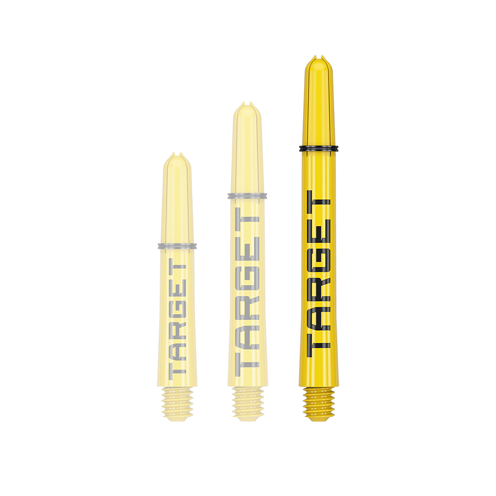 Target Pro Grip TAG Shafts - 3 Sets - Yellow Das Bild zeigt drei gelbe Dartschäfte in verschiedenen Längen. Auf jedem Schaft steht das Wort "TARGET" in schwarzer Schrift.