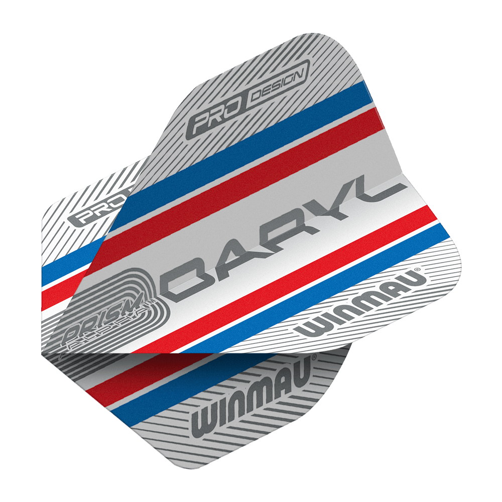 Das Bild zeigt die Winmau Alpha Daryl Gurney 85 Standard Flights für Dartpfeile. Die Flights sind silberfarben mit blauen und roten Streifen sowie verschiedenen Aufschriften wie "DARYL" und "WINMAU".