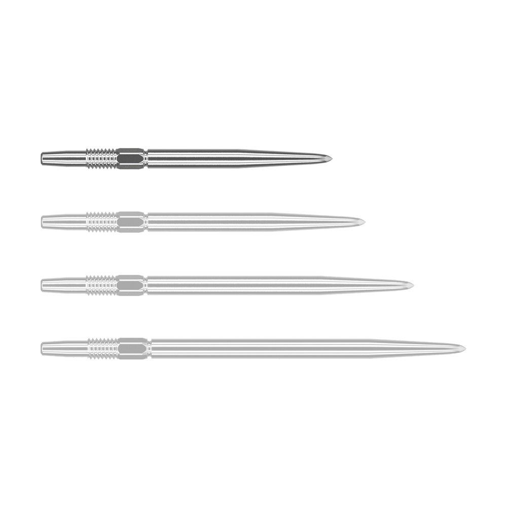 Target Swiss Point Silver dart tips Das Bild zeigt vier silberne Dartspitzen, die nebeneinander liegen. Jede Spitze hat ein geriffeltes Ende und ist schlank und spitz zulaufend.