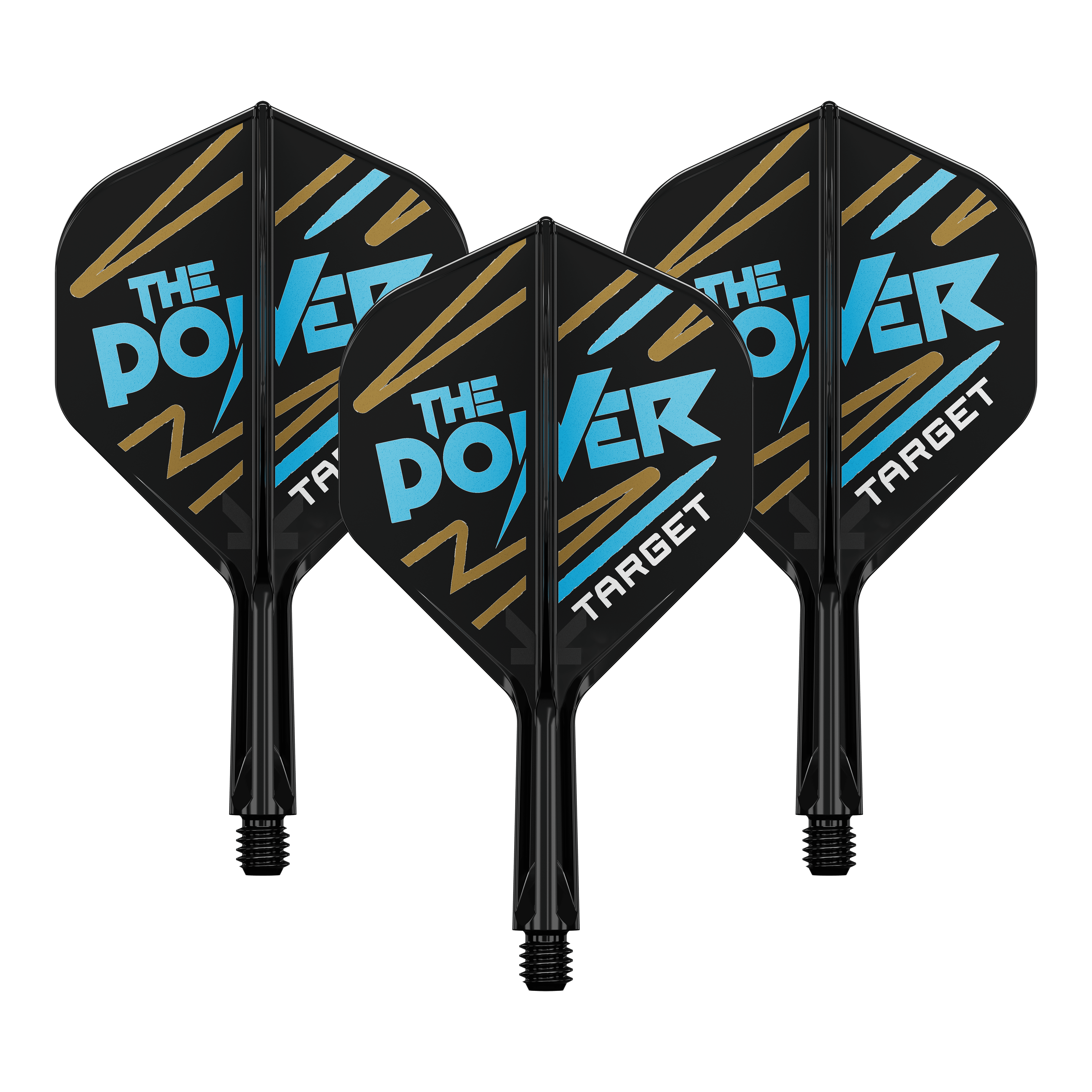 Auf dem Bild sind drei Dartflights mit schwarzem Hintergrund zu sehen. Auf den Flights steht in blauer und weißer Schrift "THE POWER" und unten "TARGET".