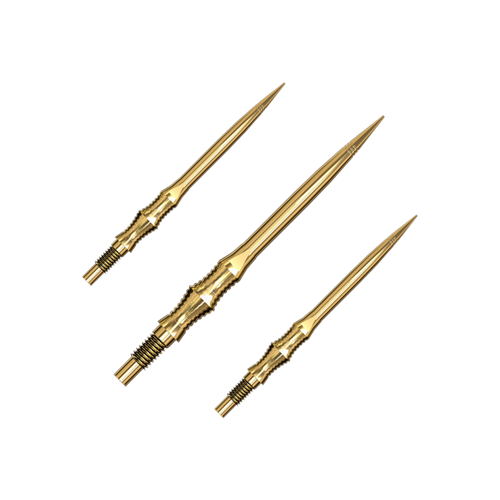 Eine Packung Apex Spire Gold Elite Series Dartspitzen wird gezeigt. Die Spitzen sind goldfarben.