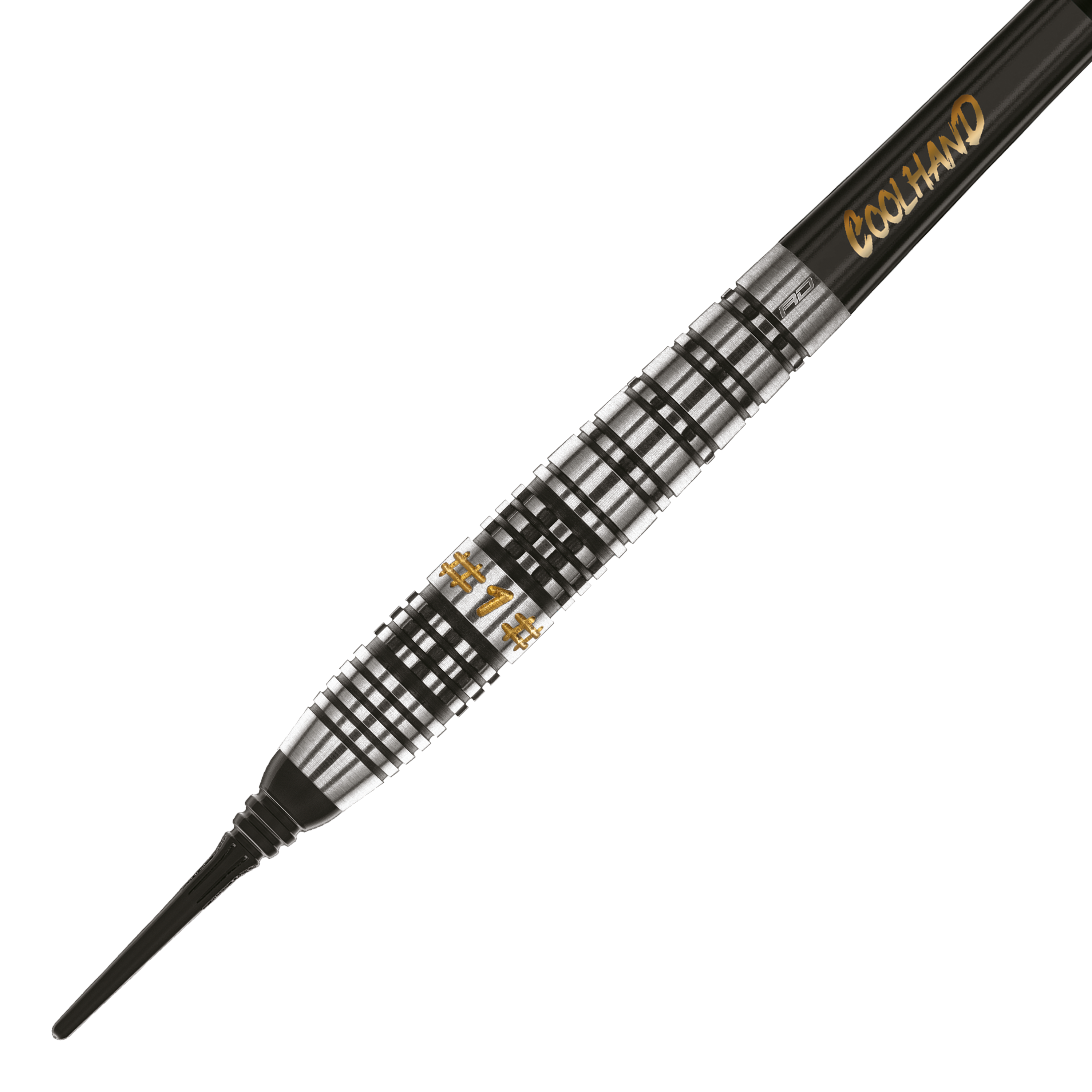 Red Dragon Luke Humphries Prestige Soft Darts - 20g Das Bild zeigt einen Softdart namens "Red Dragon Luke Humphries Prestige Softdarts - 20g". Der Dart hat ein silber-schwarzes, geriffeltes Design mit goldener Schrift.