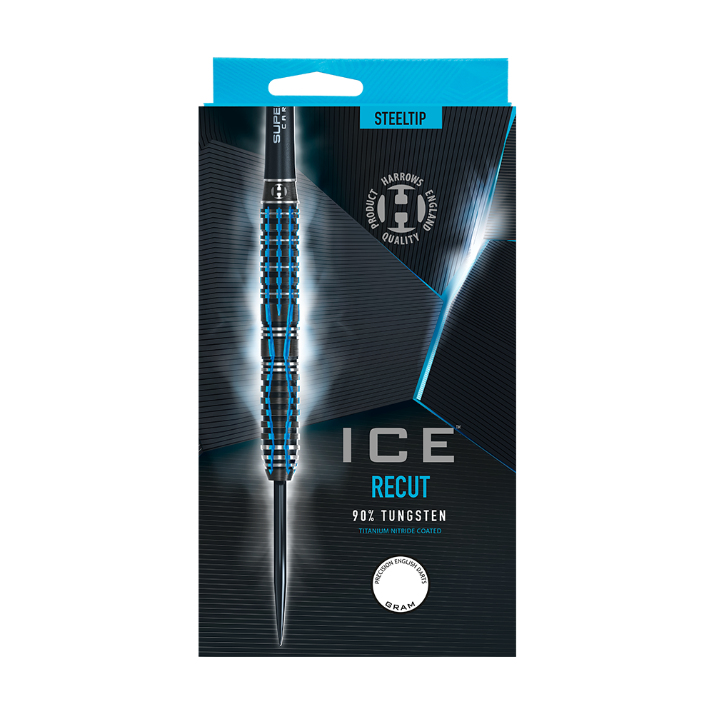 HA28917_Harrows_Ice_Recut_Steeldarts_3 Das Bild zeigt die Verpackung der "Harrows Ice Recut Steeldarts". Der Dartpfeil besteht zu 90 % aus Wolfram und ist mit blauen Akzenten gestaltet.