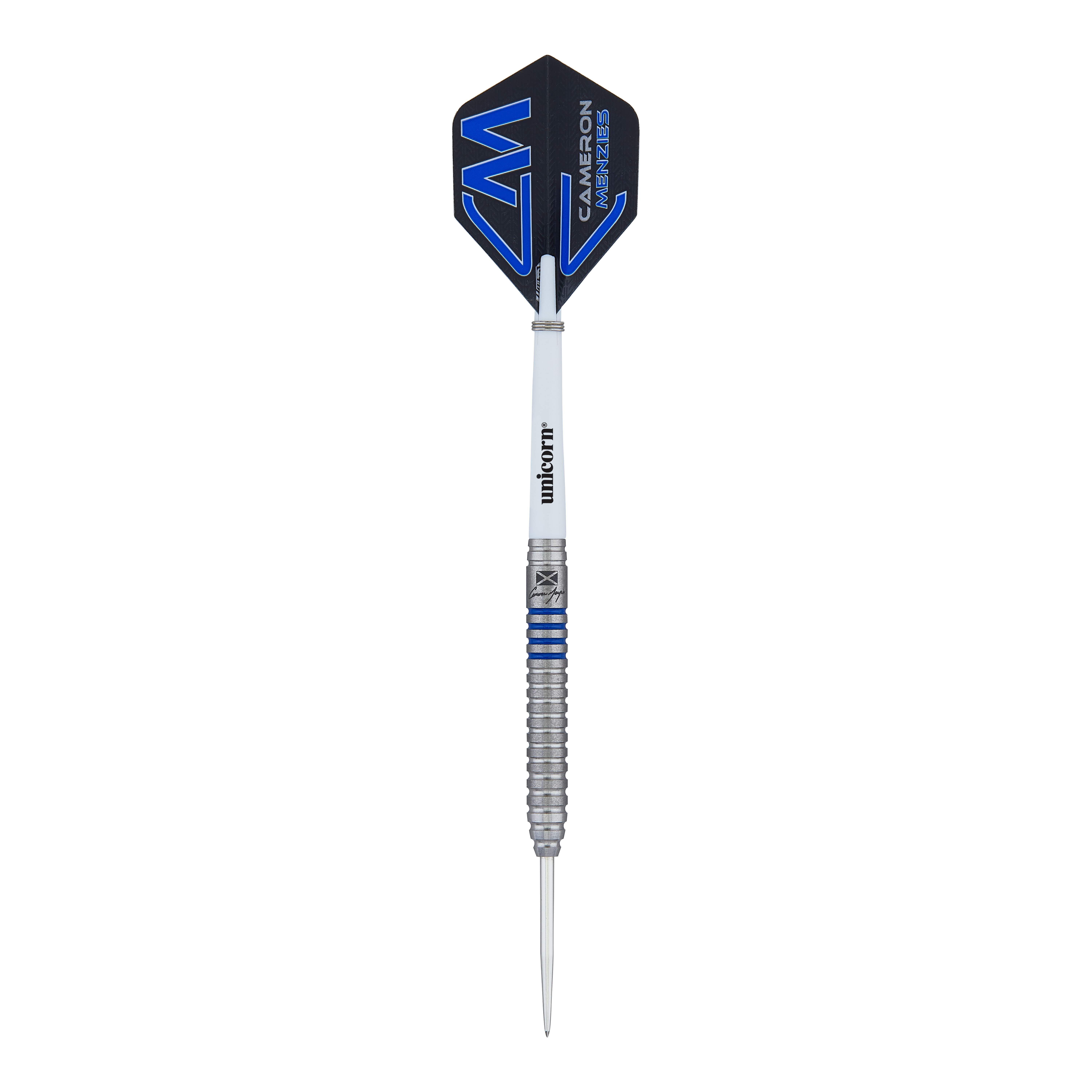 Unicorn Contender Camerion Menzies Steel Darts - 23g Das Bild zeigt einen Unicorn Contender Cameron Menzies Steeldart mit einem Gewicht von 23 Gramm. Der Dart hat ein silbernes Barrel mit blauen Akzenten und einem schwarzen Flights mit blauem Design.