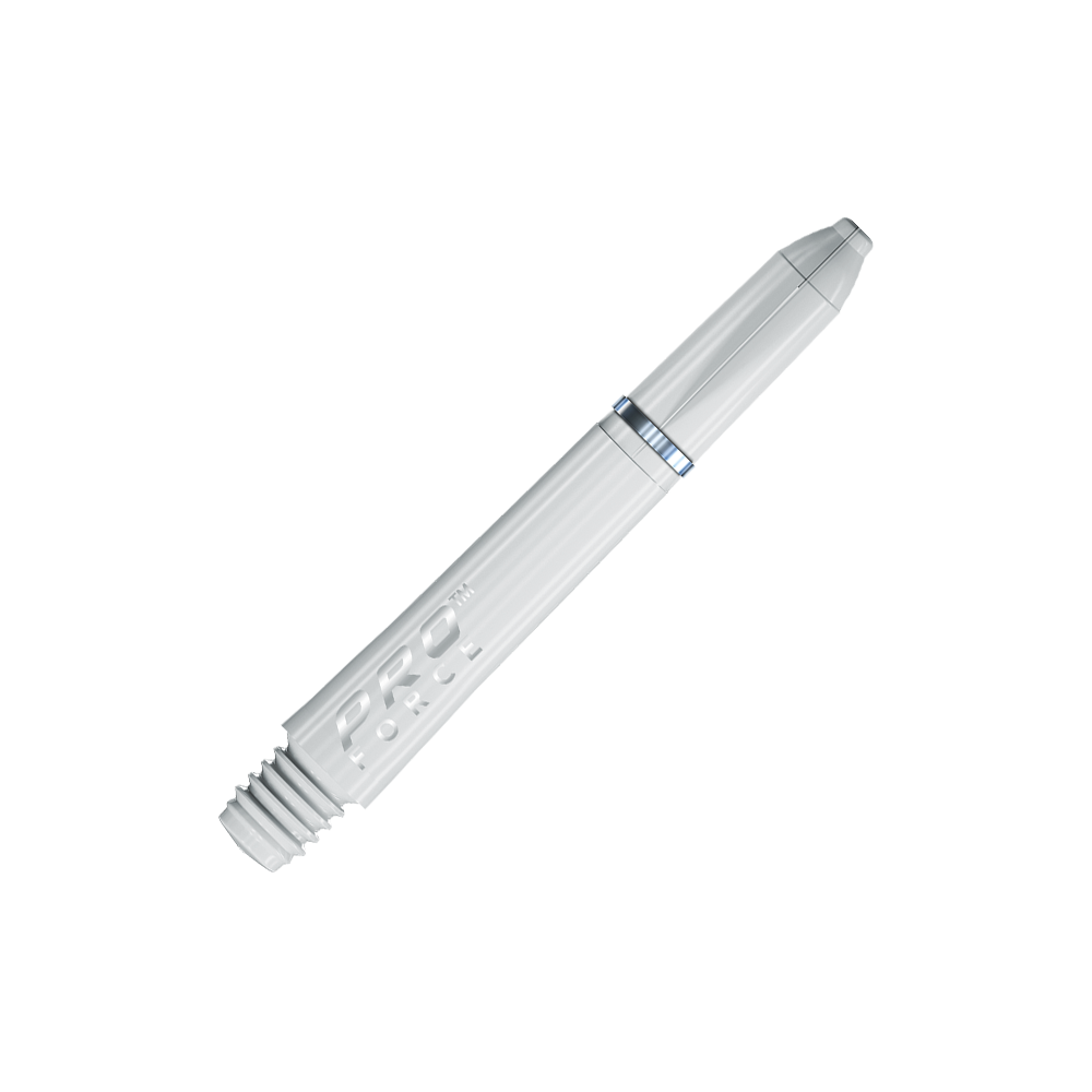 7011_102_Winmau_Pro-Force_Shafts_Weiss_35mm_2 Das Bild zeigt einen weißen Winmau Pro-Force Shaft für Dartpfeile. Der Shaft hat eine glatte Oberfläche mit dem Schriftzug "PRO FORCE" und einem kleinen Metallring.
