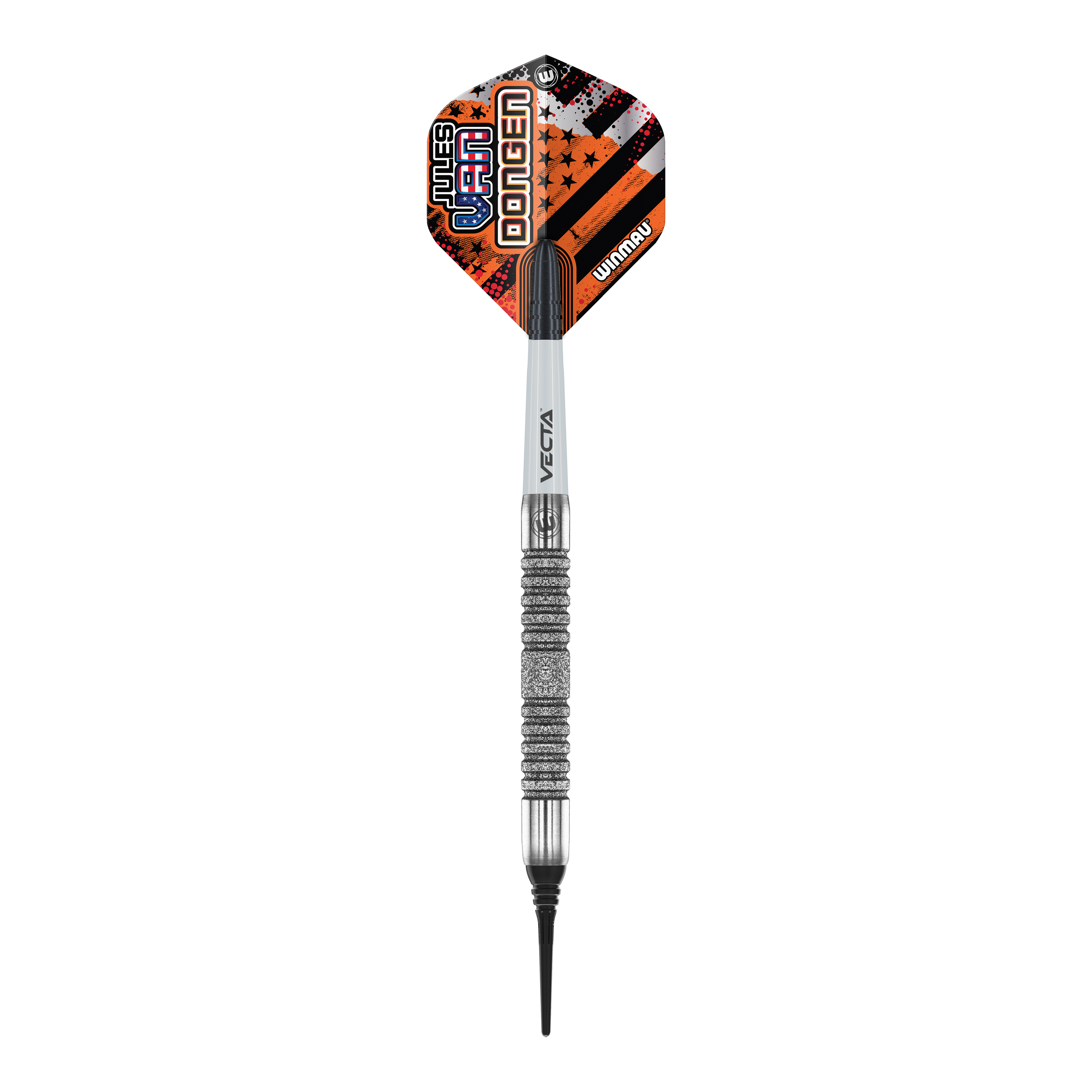 Winmau Jules Van Dongen soft darts - 20g Das Bild zeigt einen Winmau Jules Van Dongen Softdart mit einem Gewicht von 20 Gramm. Der Dartpfeil hat ein auffälliges Flight-Design in Orange, Schwarz und Weiß mit dem Namen des Spielers darauf.