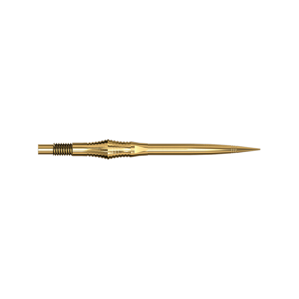 Spire Gold Elite Serie Dartspitzen in 35mm Länge sind abgebildet. Die Spitzen sind schmal und gold.