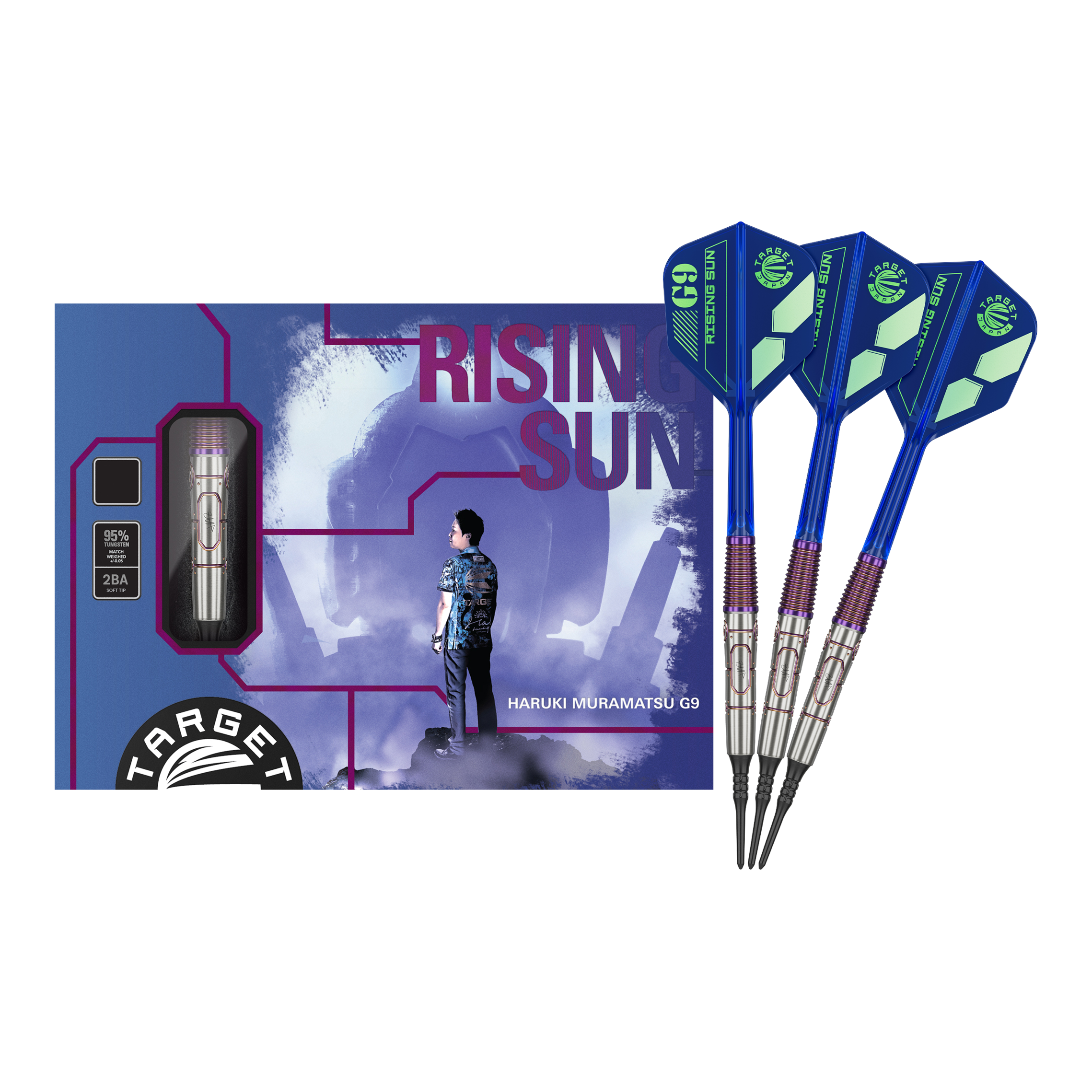 Das Bild zeigt das Produkt "Target Japan Haruki Muramatsu Rising Sun GEN9 2BA Softdarts - 21,5g" mit einer farbigen Verpackung und drei blauen Softdarts. Auf der Verpackung ist eine Person abgebildet und der Schriftzug "Rising Sun" deutlich zu sehen.