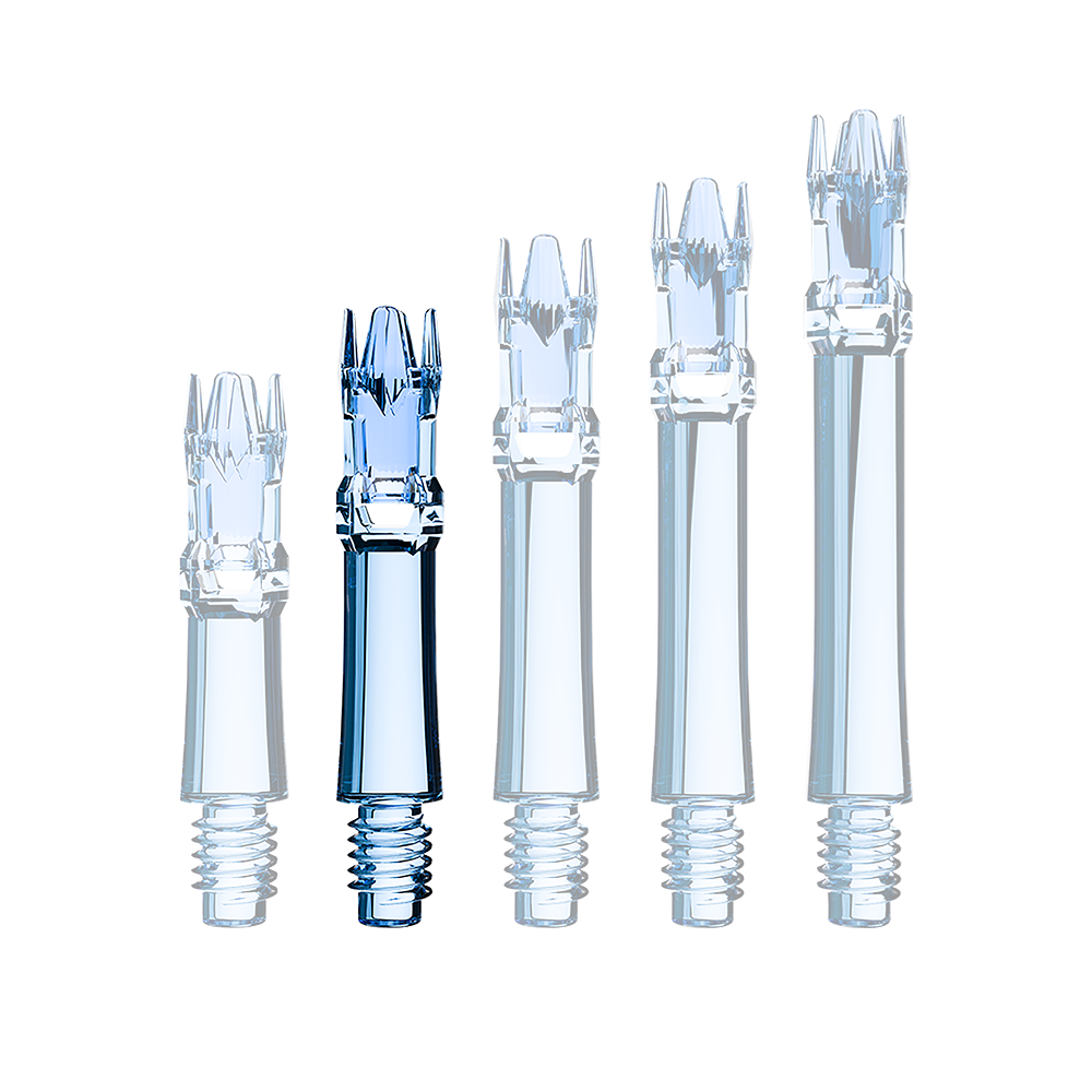 Eine blaue transparente Ersatzshaft liegt im Bild. Die Shaft ist von der Seite zu erkennen.