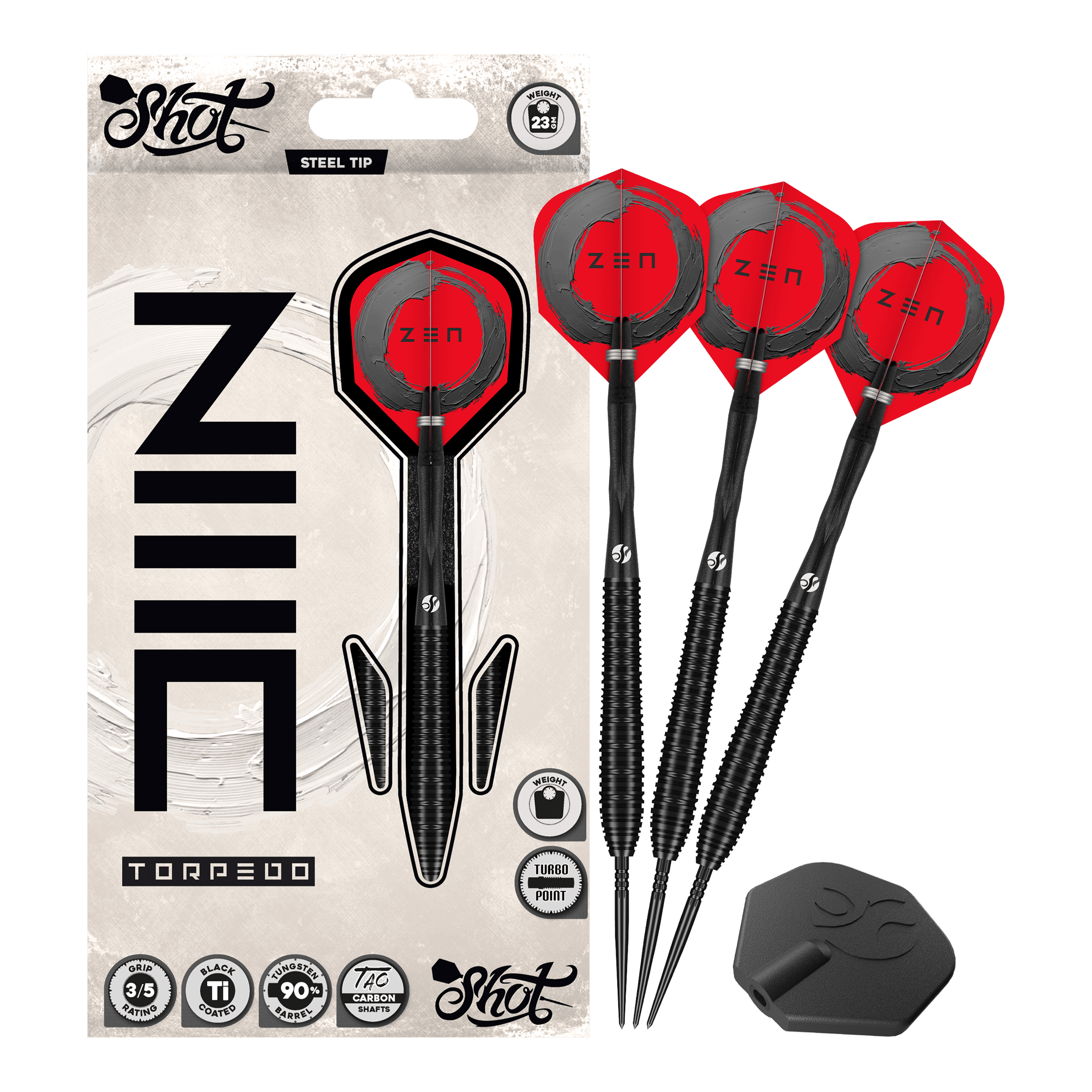 Shot ZEN Torpedo Turbo Point Steel Darts - 23g Auf diesem Bild sieht man die Shot ZEN Torpedo Turbo Point Steeldarts mit 23g komplett. Das Design betont ihre hochwertige Verarbeitung.