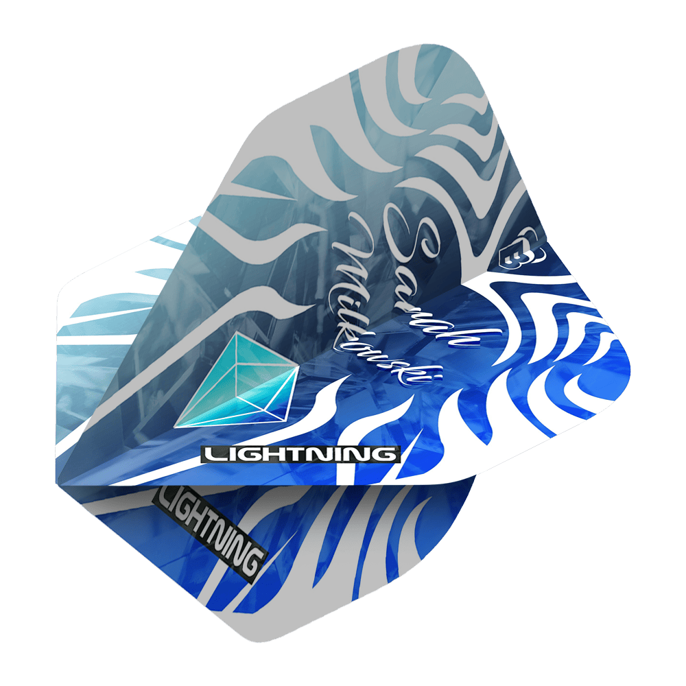 BL51231_Bulls_Lightning_Sarah_Milkowski_No2_Standard_Flights_2 Das Bild zeigt die Bulls Lightning Sarah Milkowski No2 Standard Flights. Die Flights haben ein blau-weißes Zebramuster mit dem Schriftzug „Sarah Milkowski“ und dem Wort „LIGHTNING“ darauf.