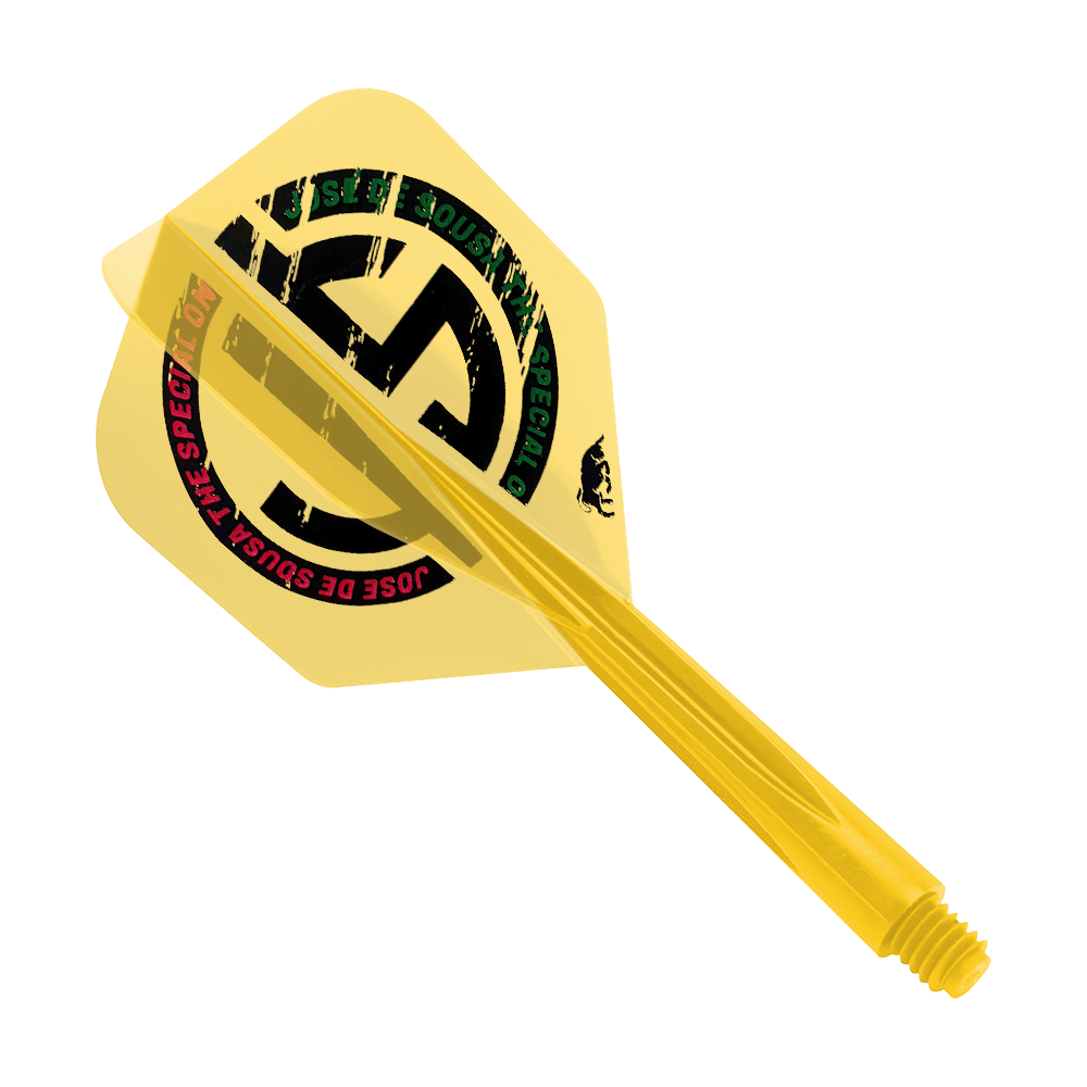 Condor AX Jose De Souza Special One Inspiration Flight System - Yellow - Small Das Bild zeigt ein gelbes Dart-Flight-System mit der Aufschrift "Jose De Sousa Special One". Das Produkt trägt den Namen "Condor AXE Jose De Souza Special One Inspiration Flight-System - Gelb - Small".