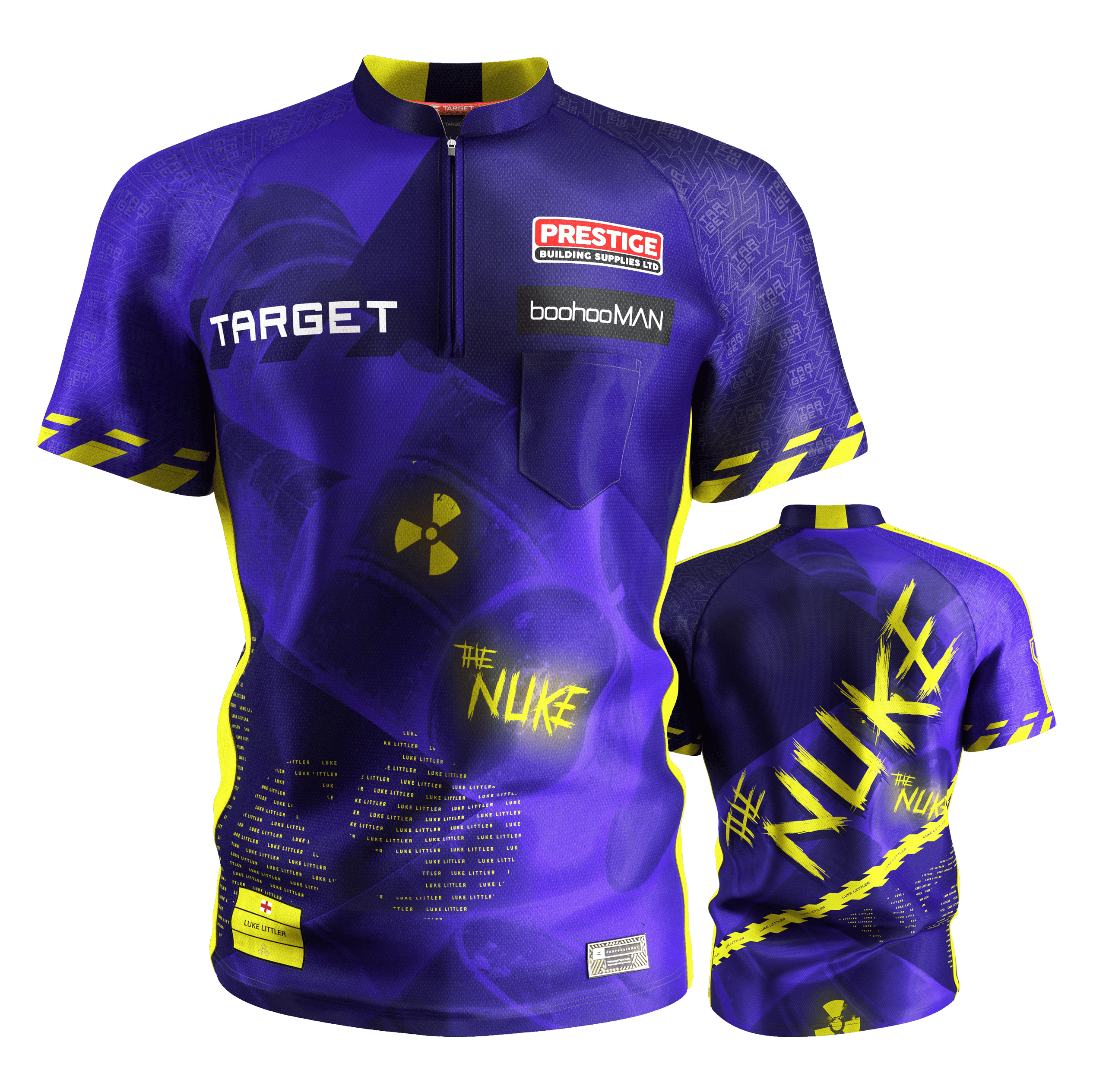 Target Coolplay Luke Littler 2025 dart shirt Das Bild zeigt das Target Coolplay Luke Littler 2025 Dartshirt in Blau und Gelb mit auffälligem Design. Auf dem Shirt sind verschiedene Logos, der Schriftzug "THE NUKE" und mehrere Sponsoren zu sehen.