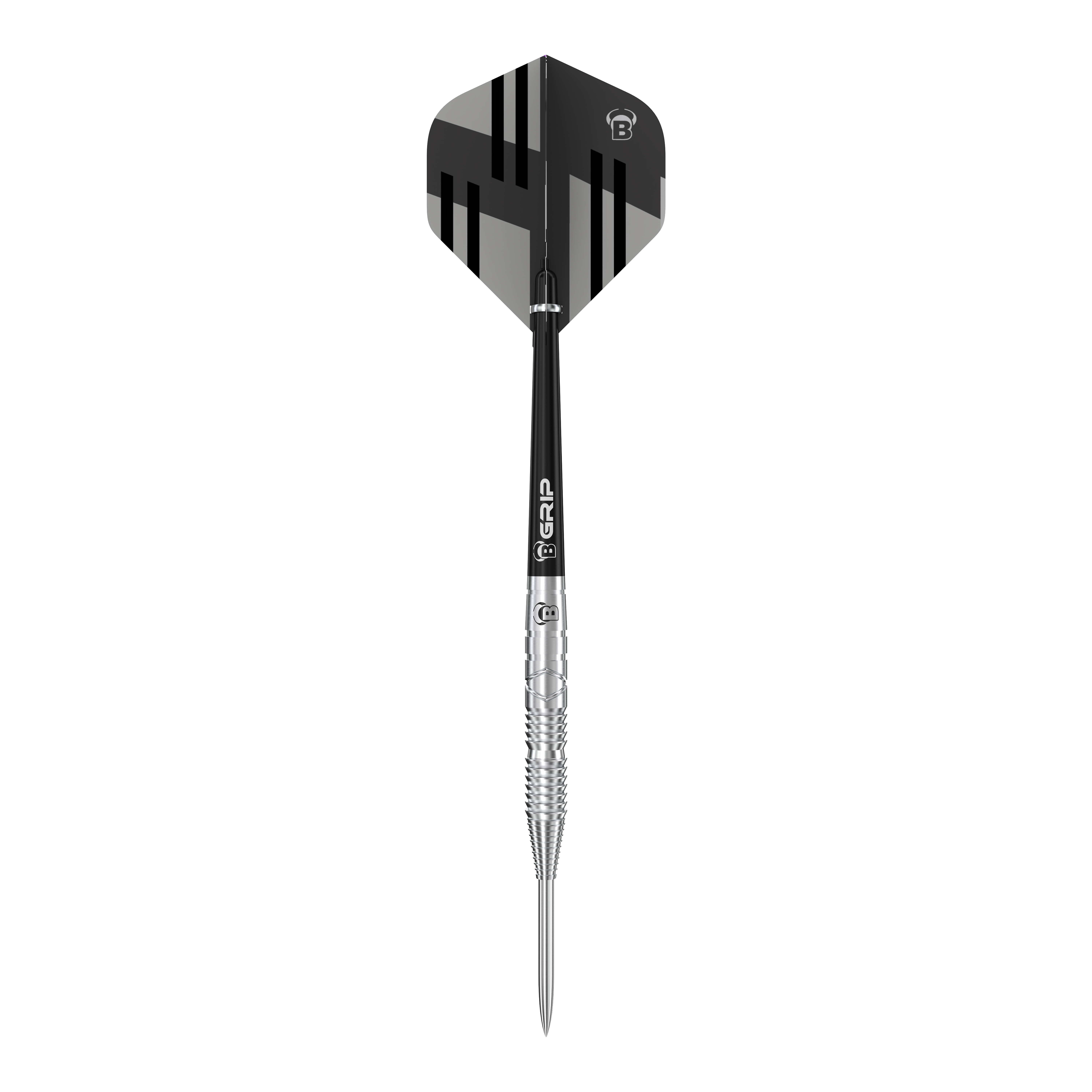 Bulls Tac T3 Steeldarts Das Bild zeigt einen Bulls Tac T3 Steeldart mit einem silbernen Barrel und schwarzer Flight. Das Design ist modern und sportlich mit klaren Linien auf dem Flight.