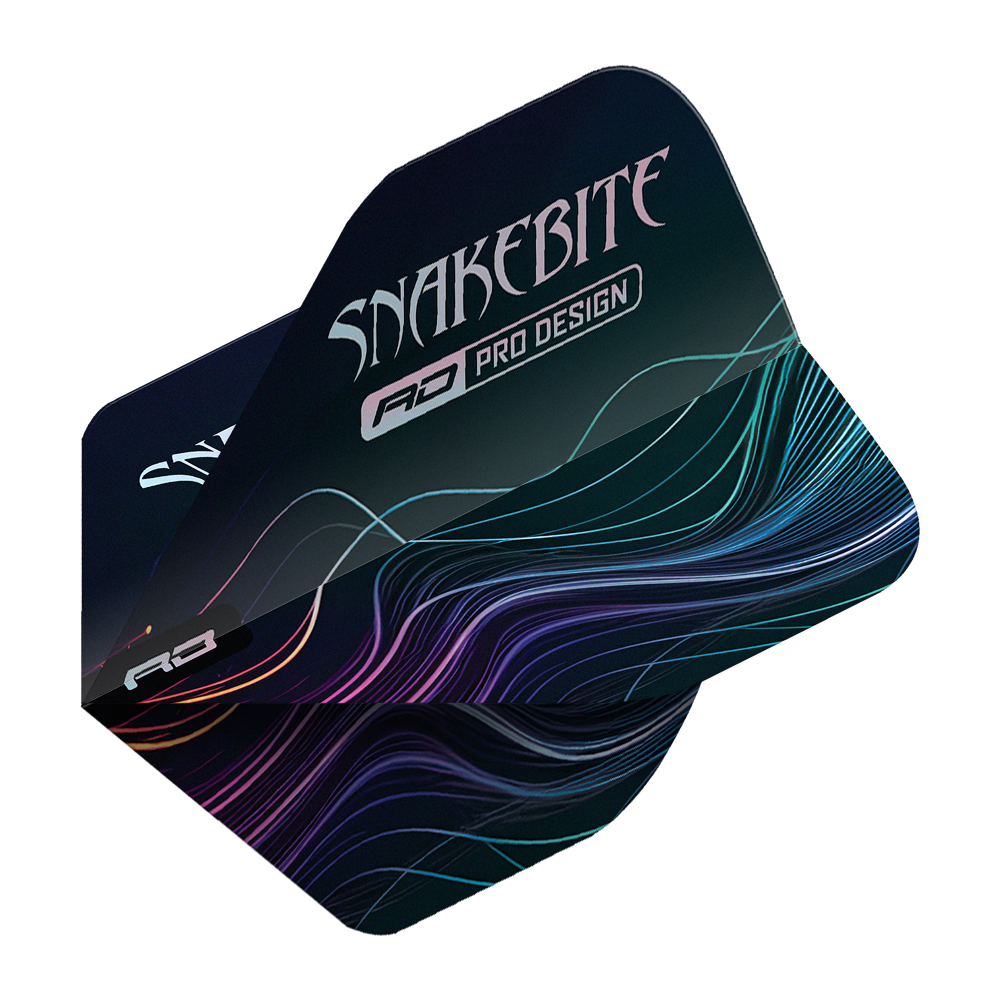 Red Dragon Hardcore Peter Wright Multi No2 Standard Flights Auf dem Bild sind Dartflights des Modells "Red Dragon Hardcore Peter Wright Multi No2 Standard Flights" zu sehen. Sie sind dunkel gestaltet und tragen die Aufschrift "Snakebite" mit farbigen Linien im Hintergrund.