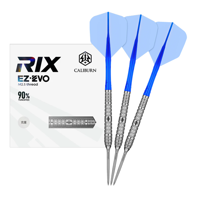 Caliburn Rix EZ-EVO R4 steel darts Das Foto zeigt die Caliburn Rix EZ-EVO R4 Steeldarts in voller Ansicht. Die Darts sind modern gestaltet und für professionelle Spieler geeignet.