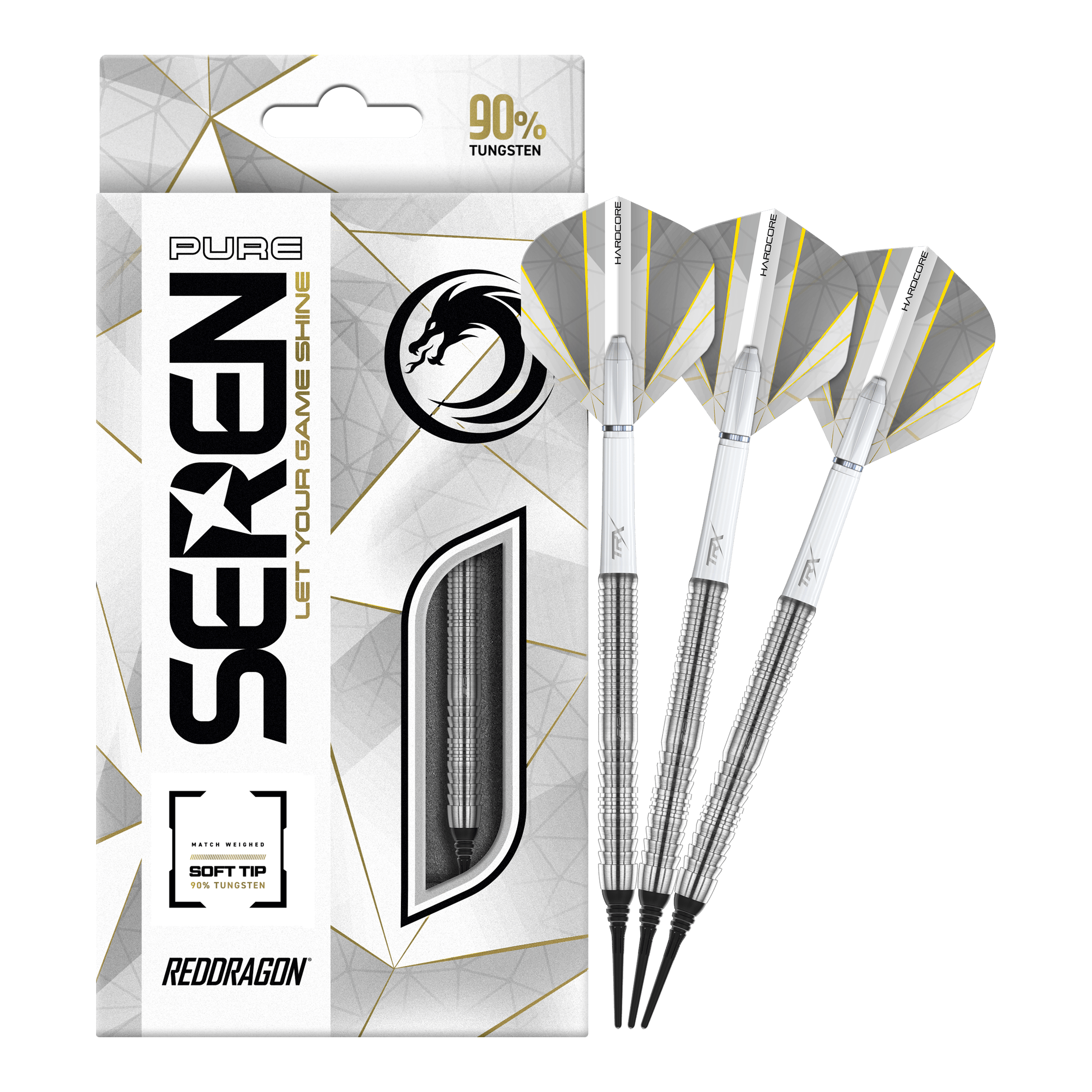 Red Dragon Seren 1 Pure Softdarts - 20g Die Abbildung zeigt die "Red Dragon Seren 1 Pure Softdarts - 20g" mit drei silbernen Softdarts. Die Verpackung hebt hervor, dass die Darts zu 90 % aus Tungsten bestehen.
