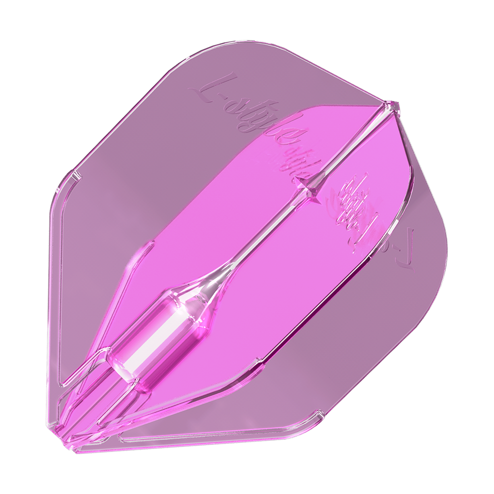 L-Style Fantom L3EZ Flights Clear Pink Das Bild zeigt ein durchsichtiges, pinkes Dart-Flight mit der Aufschrift „L-style“. Es handelt sich um das Produkt „L-Style Fantom L3EZ Flights Clear Pink“.