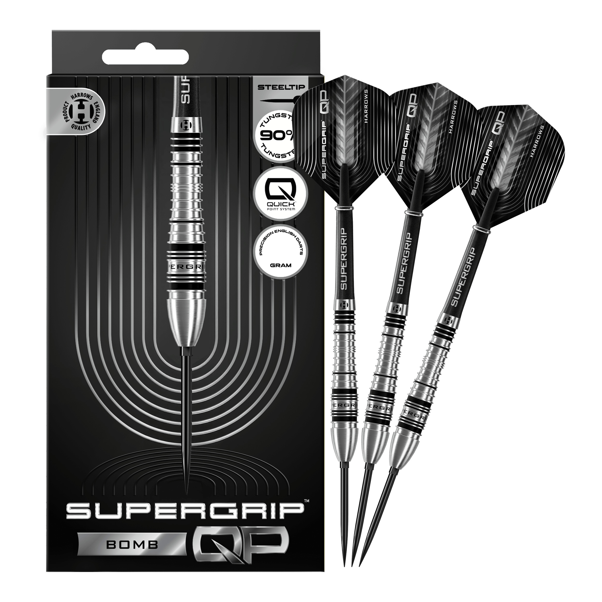 Harrows Supergrip Bomb Quick Point Steel Darts Abgebildet sind die Harrows Supergrip Bomb Quick Point Steeldarts in voller Länge. Sie eignen sich ideal für ambitionierte Dartspieler.