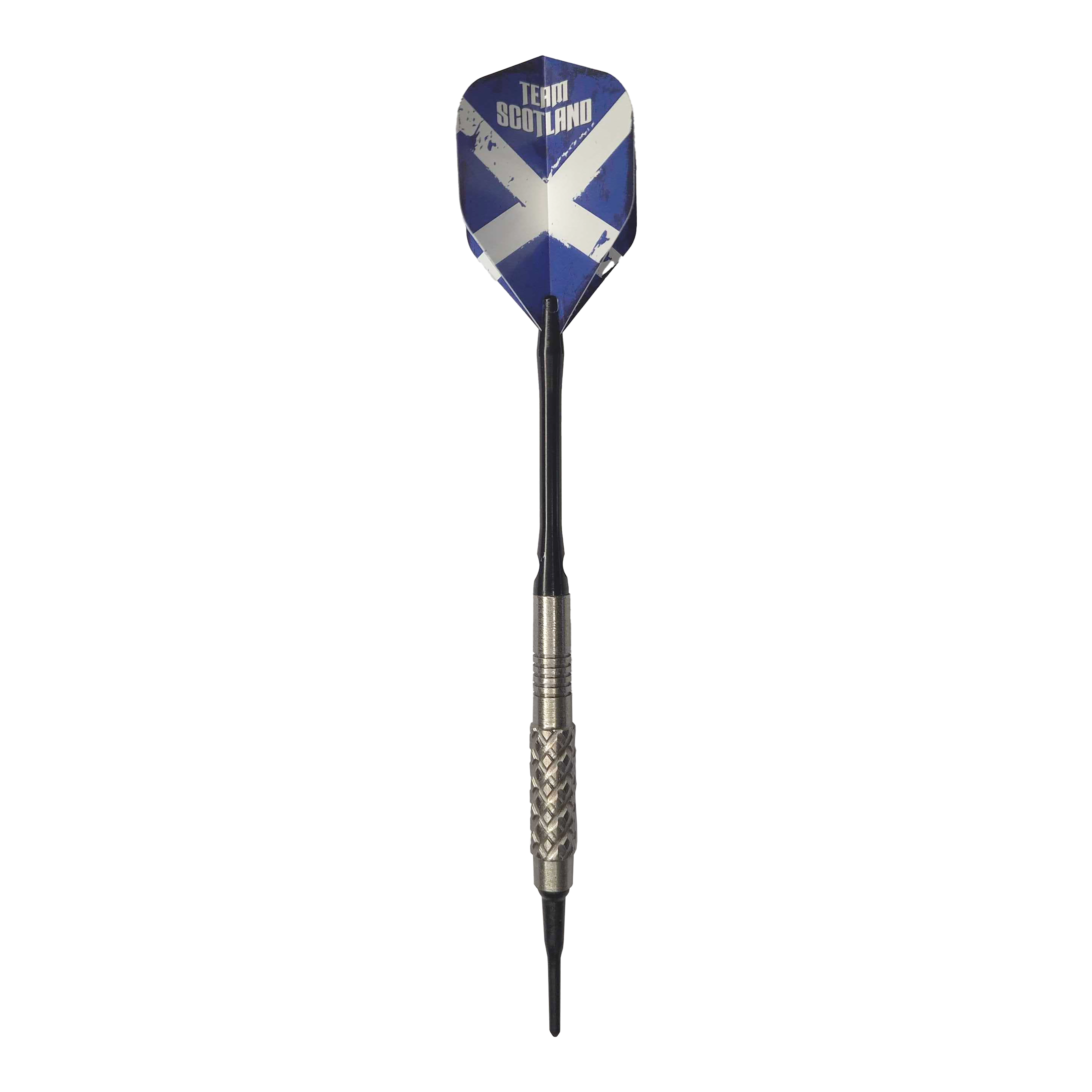 McDart 85 Tungsten V4 soft darts - 16g Der abgebildete Softdart ist der "McDart 85er Tungsten V4 Softdarts - 16g". Das Flight zeigt das Design der schottischen Flagge mit der Aufschrift "Team Scotland".