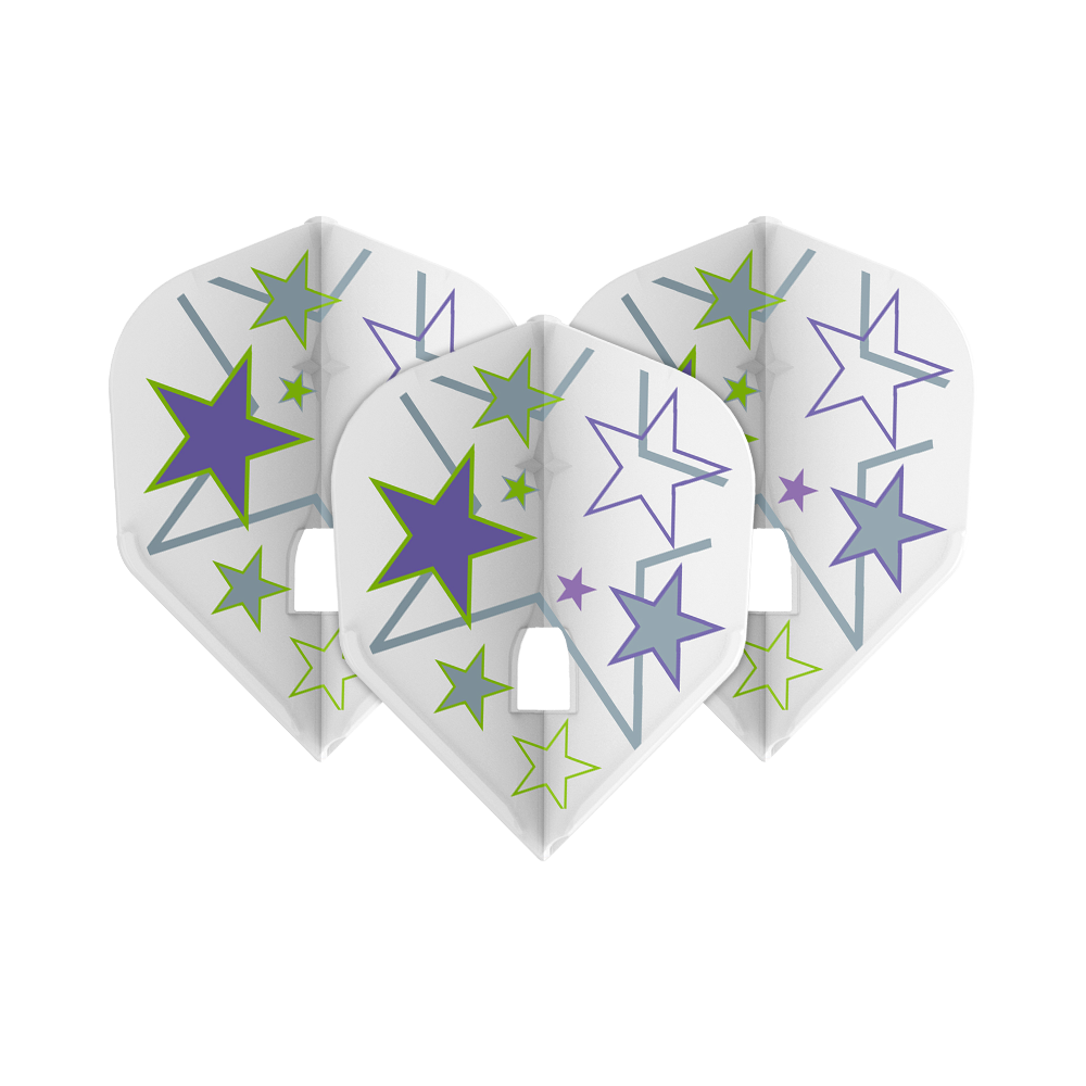 L-Style Ryan Murray V1 White L3PRO Flights Das Bild zeigt drei weiße Dart-Flights mit bunten Sternen in Lila, Grün und Grau. Die Flights sind das Modell "L-Style Ryan Murray V1 White L3PRO".
